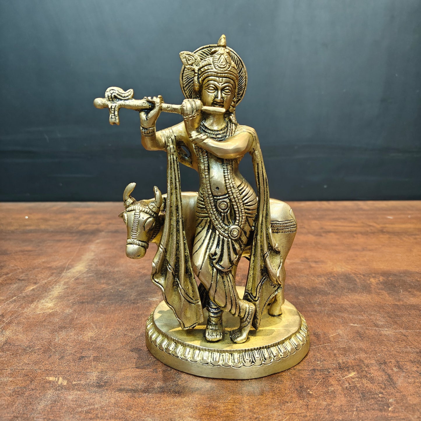 Brass Krishna Idol With Cow For Home Decor 8.5 Inch