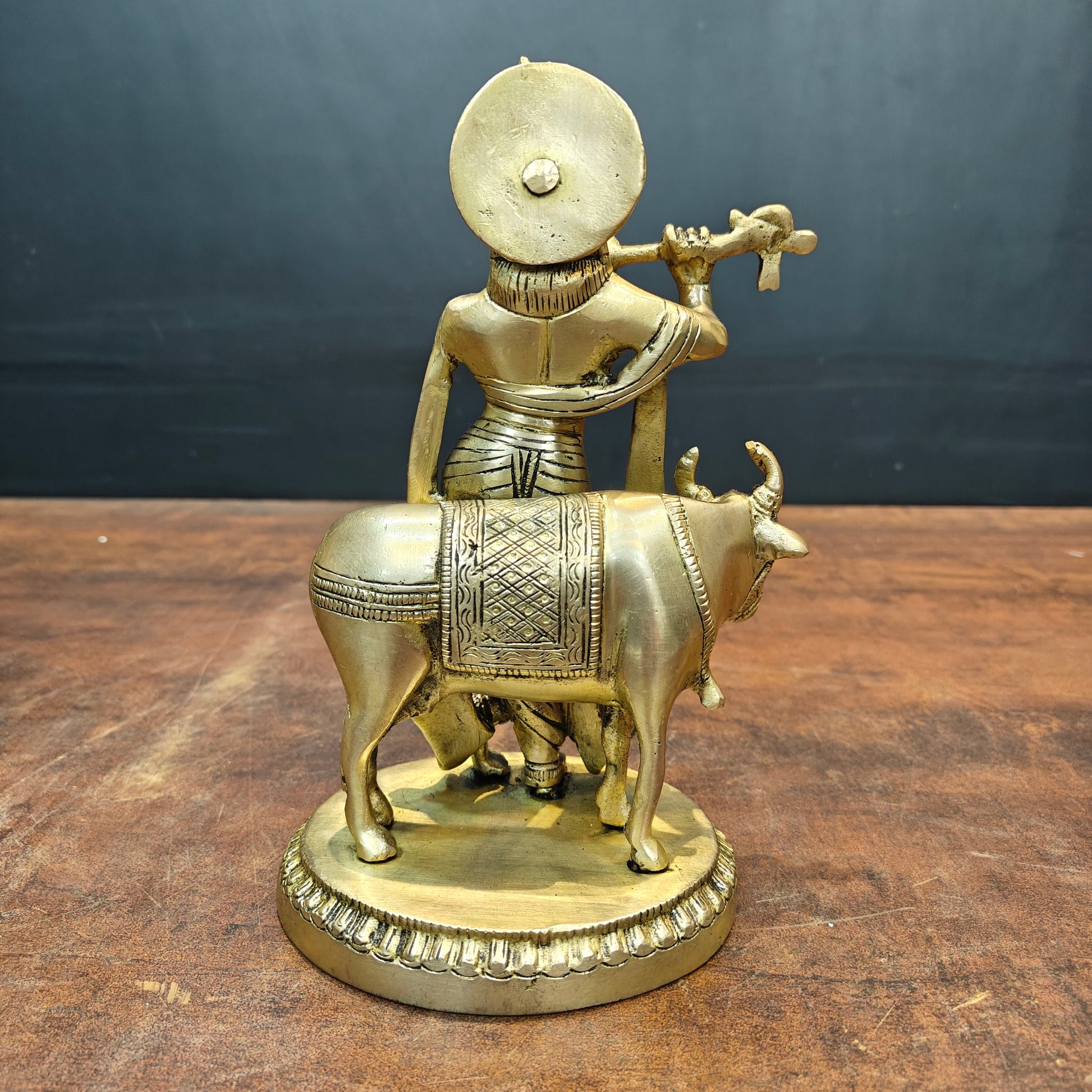 Brass Krishna Idol With Cow For Home Decor 8.5 Inch - Image 5