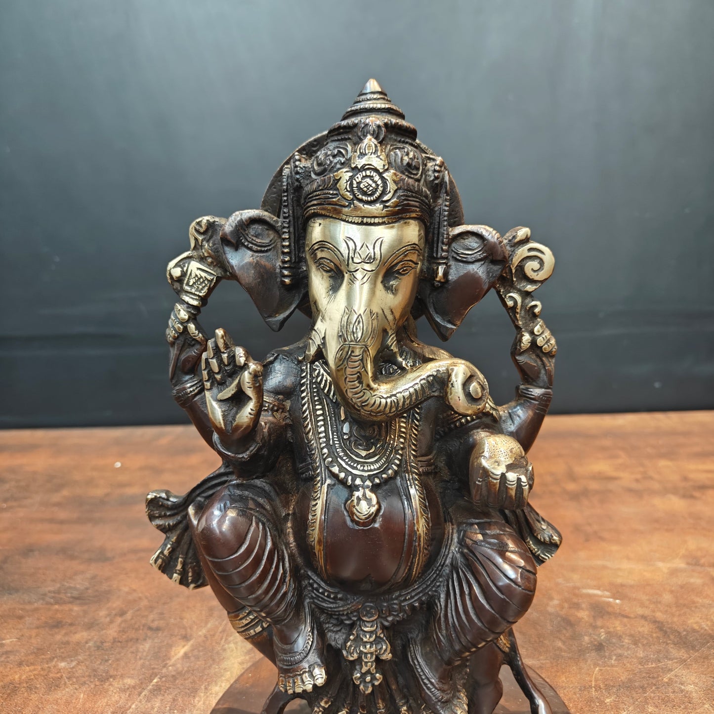 Brass Ganesha Idol Sitting On Mouse Antique Finish 10 Inch