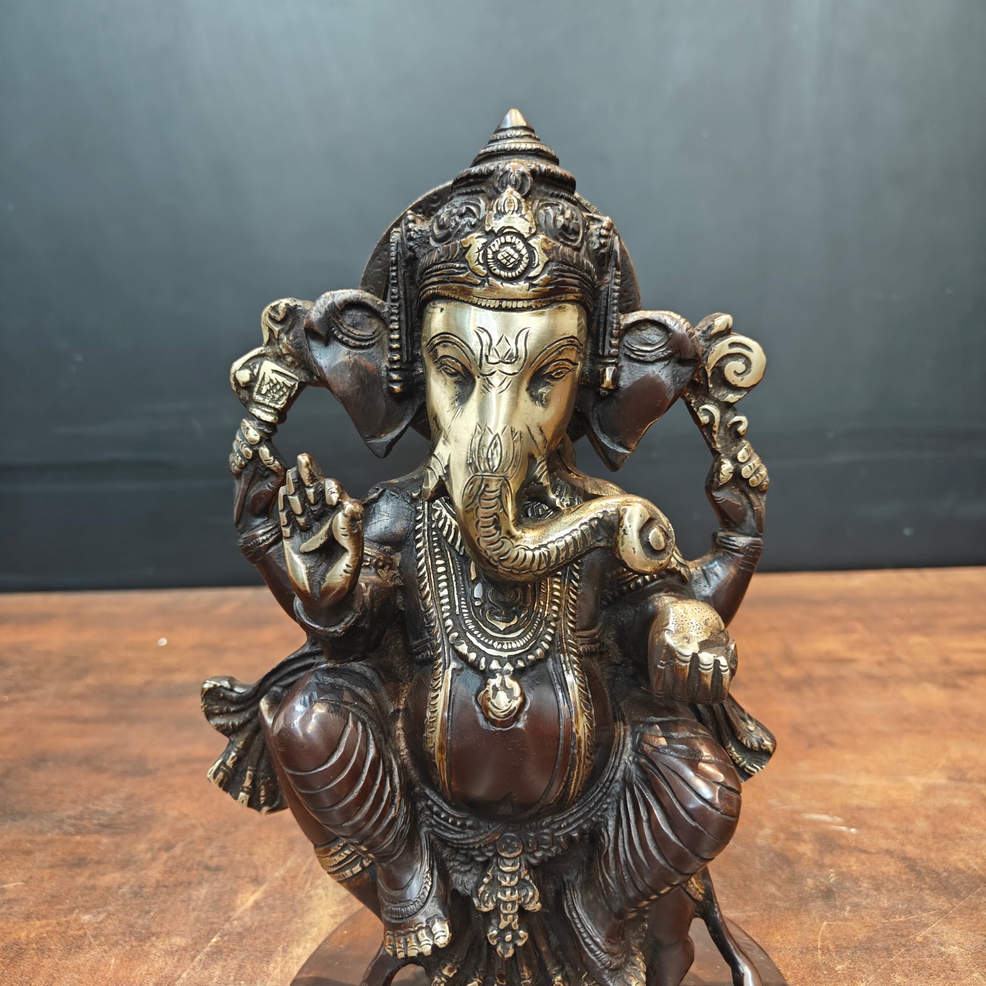 Brass Ganesha Idol Sitting On Mouse Antique Finish 10 Inch - Image 2