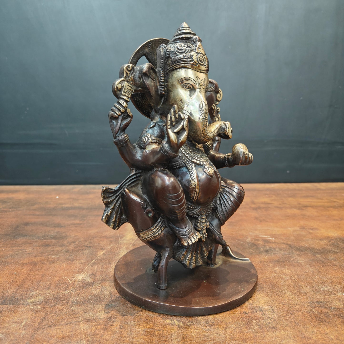 Brass Ganesha Idol Sitting On Mouse Antique Finish 10 Inch