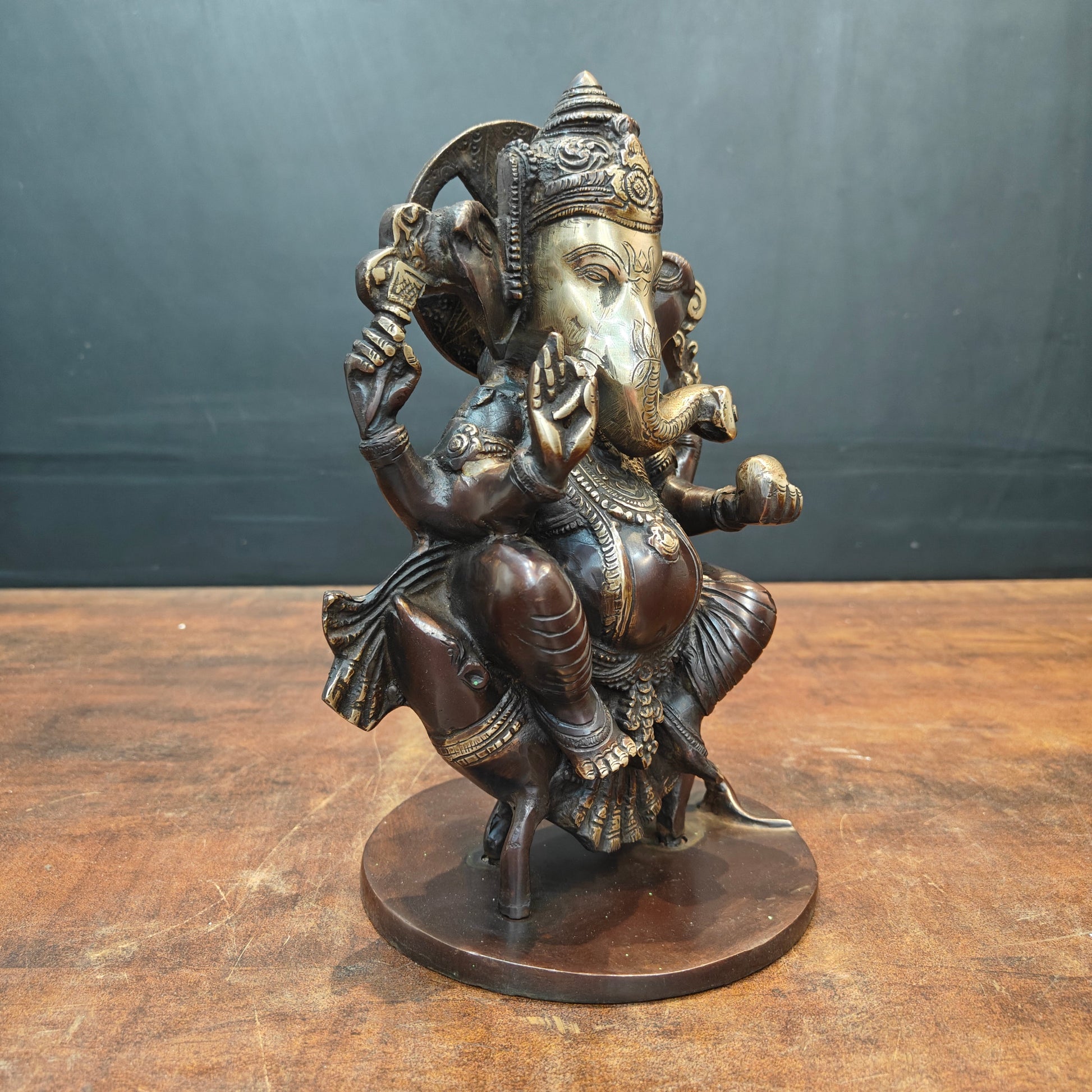 Brass Ganesha Idol Sitting On Mouse Antique Finish 10 Inch - Image 3