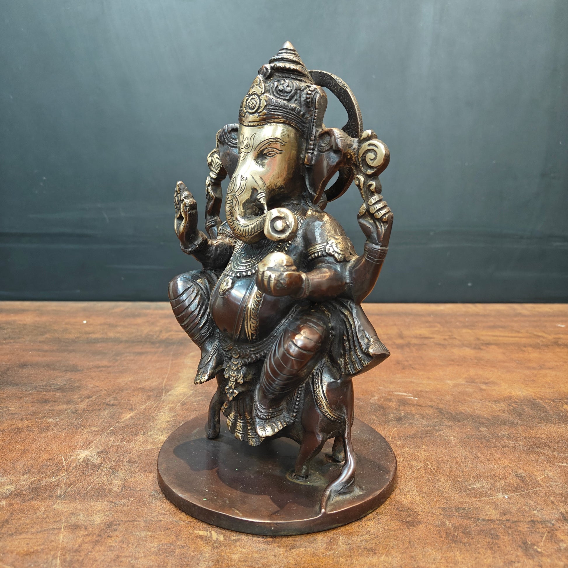 Brass Ganesha Idol Sitting On Mouse Antique Finish 10 Inch - Image 4
