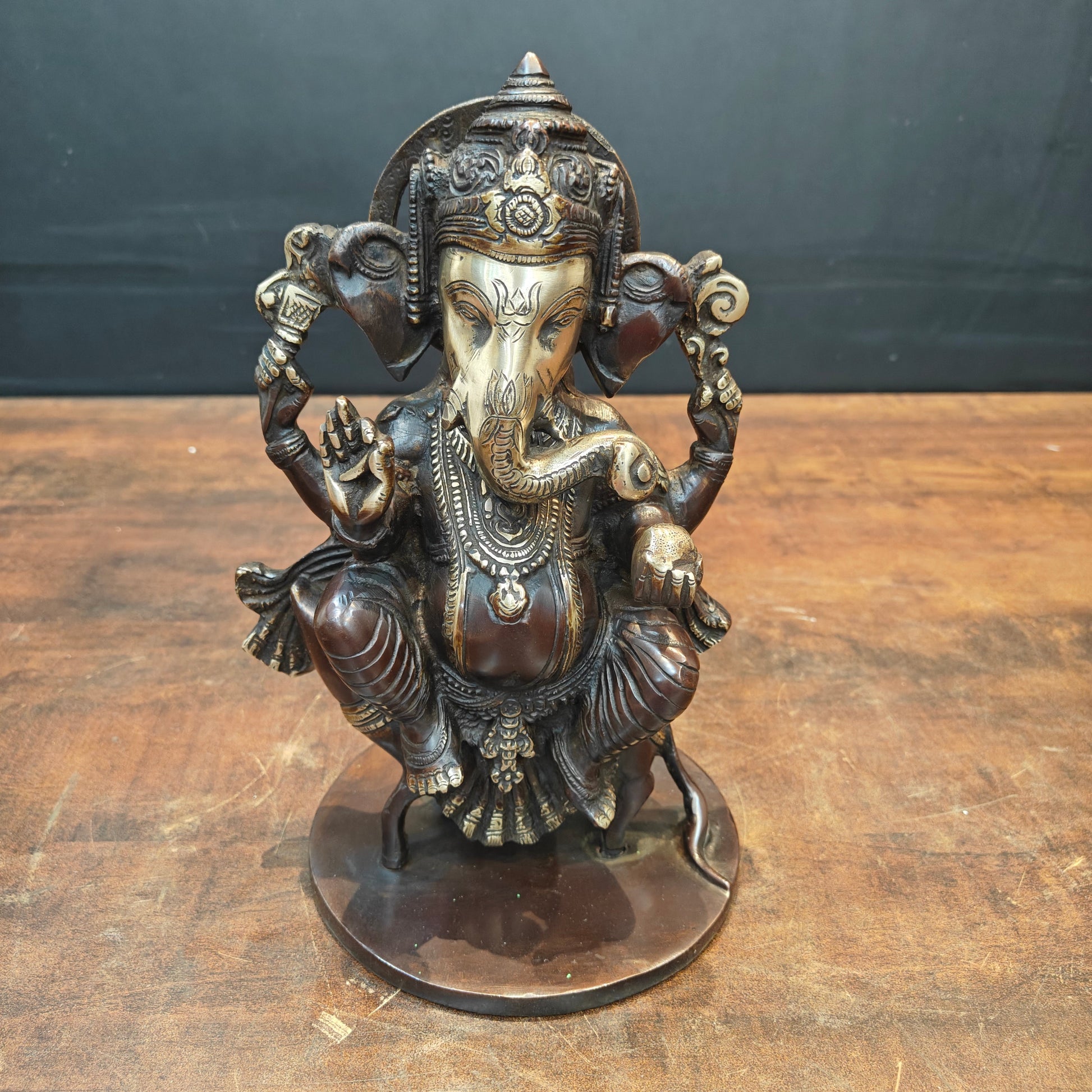 Brass Ganesha Idol Sitting On Mouse Antique Finish 10 Inch - Image 5