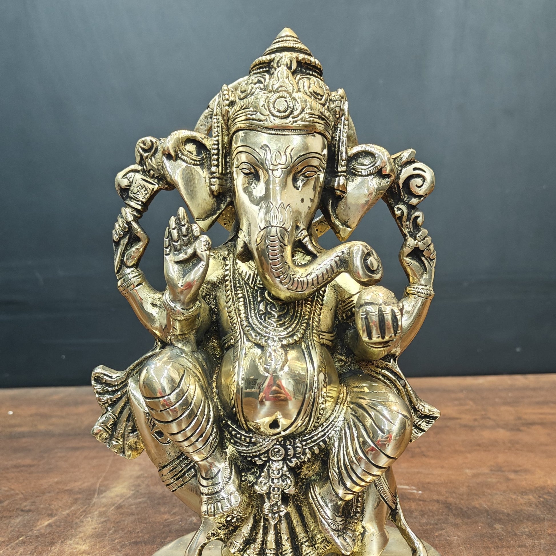 Brass Ganesha Idol Sitting On Mouse For Home Decor 10 Inch - Image 2