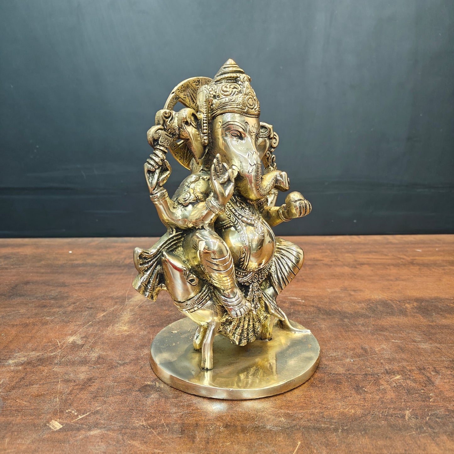Brass Ganesha Idol Sitting On Mouse For Home Decor 10 Inch