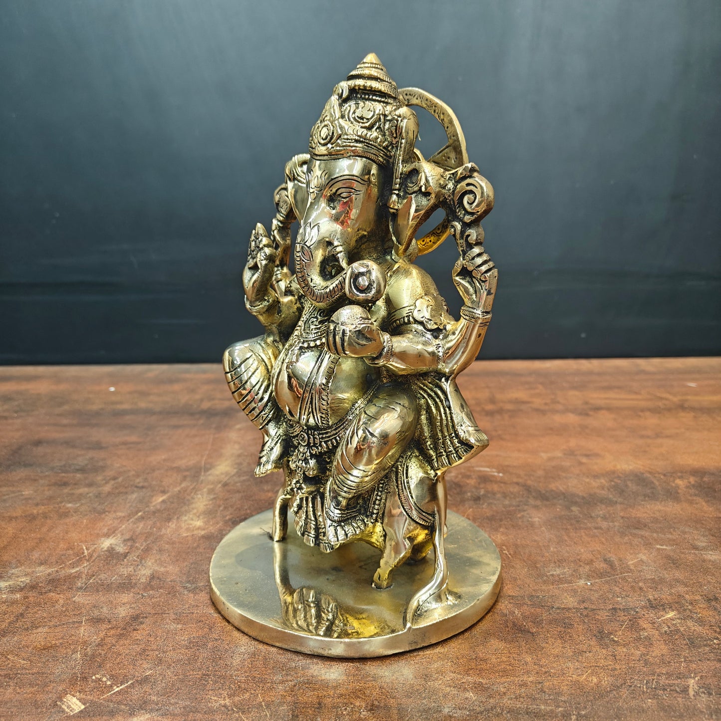Brass Ganesha Idol Sitting On Mouse For Home Decor 10 Inch