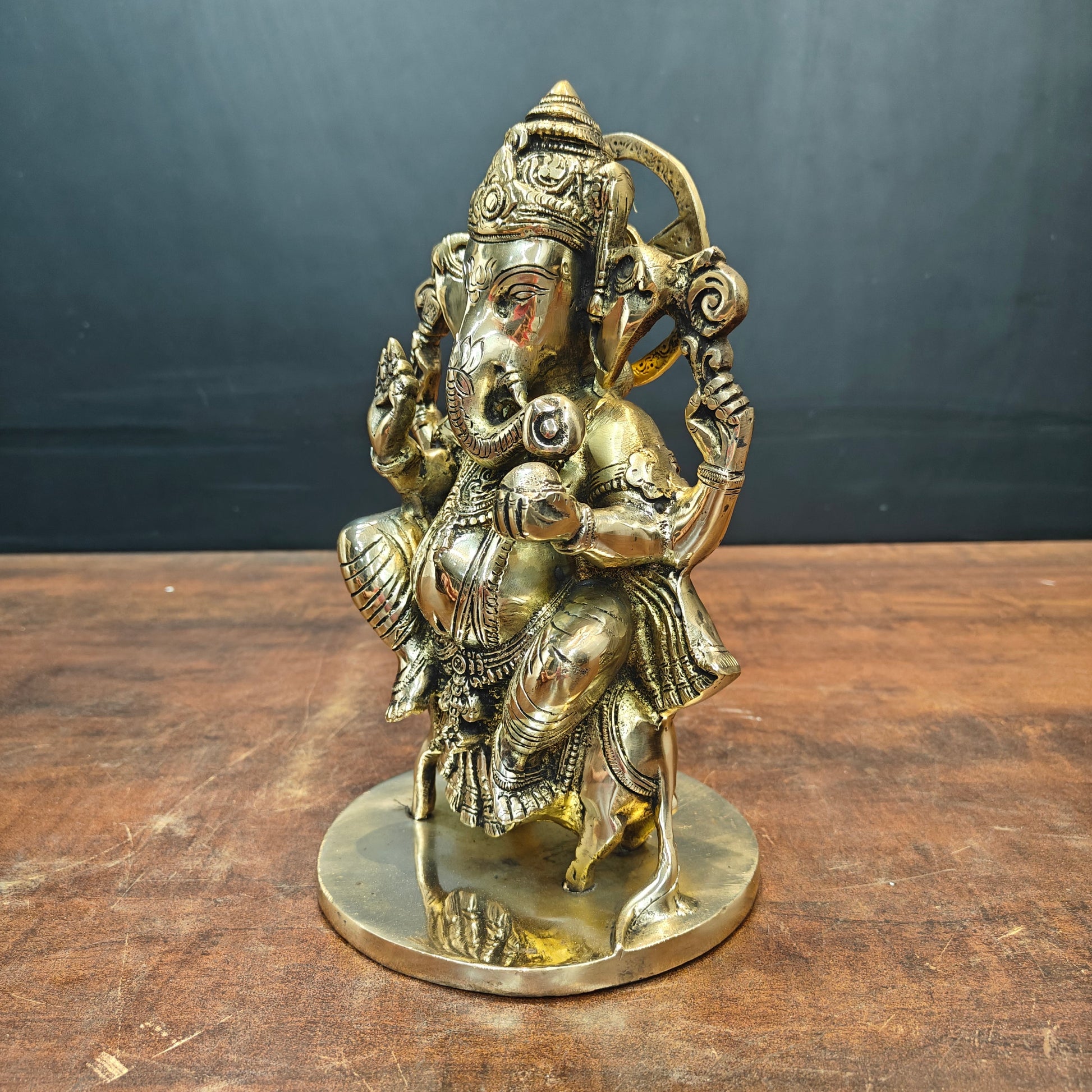 Brass Ganesha Idol Sitting On Mouse For Home Decor 10 Inch - Image 4