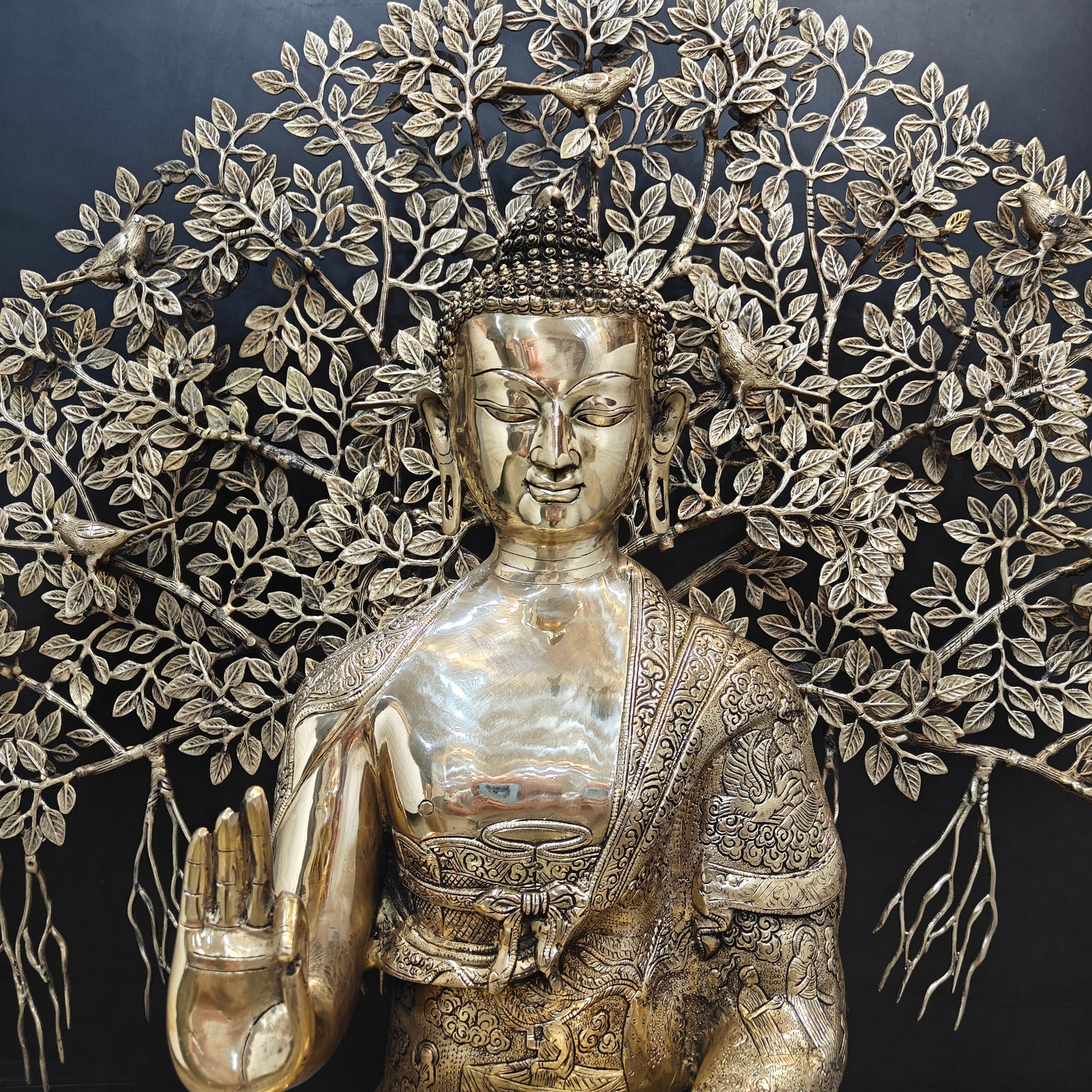 Brass Large Buddha Idol With Bodhi Tree For Home Decor 41 Inches - Image 2