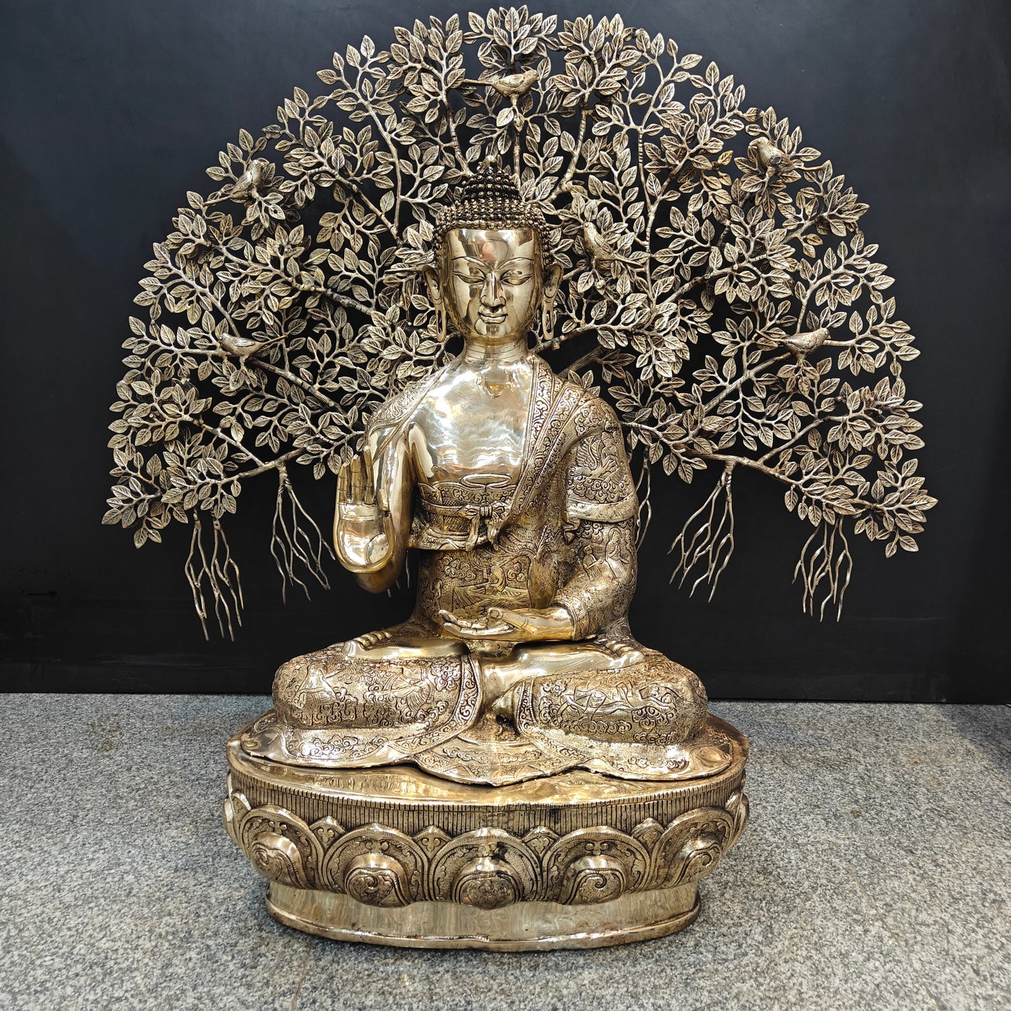 Brass Large Buddha Idol With Bodhi Tree For Home Decor 41 Inches