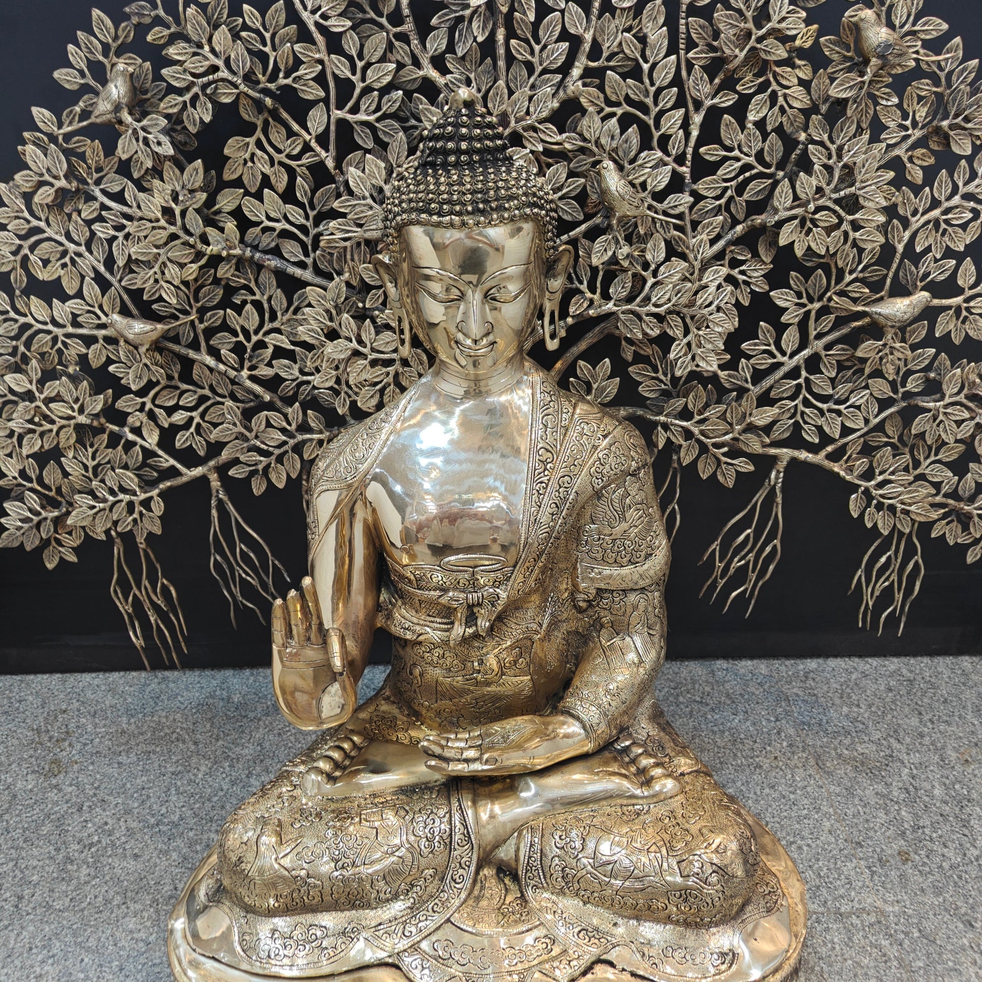 Brass Large Buddha Idol With Bodhi Tree For Home Decor 41 Inches - Image 4