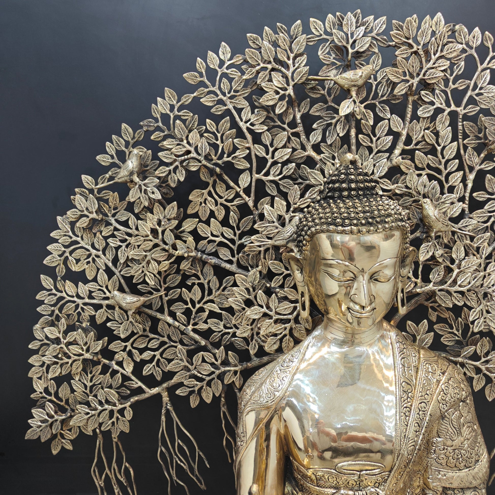 Brass Large Buddha Idol With Bodhi Tree For Home Decor 41 Inches - Image 5