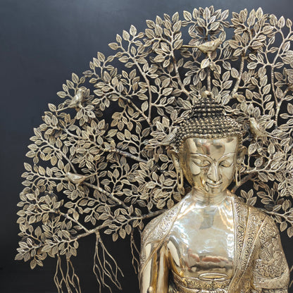 Brass Large Buddha Idol With Bodhi Tree For Home Decor 41 Inches by vendor-unknown - Buddha (View 5)
