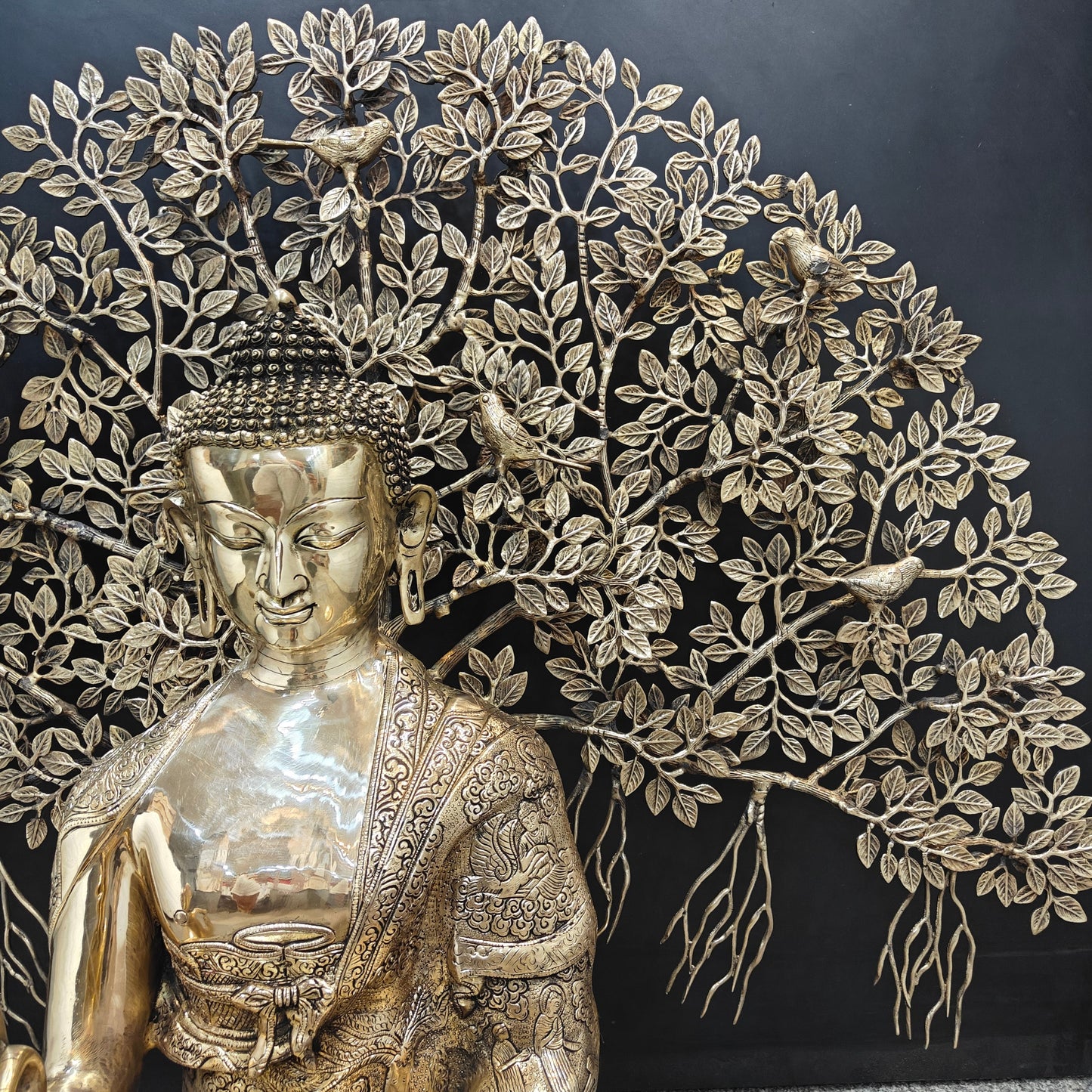 Brass Large Buddha Idol With Bodhi Tree For Home Decor 41 Inches