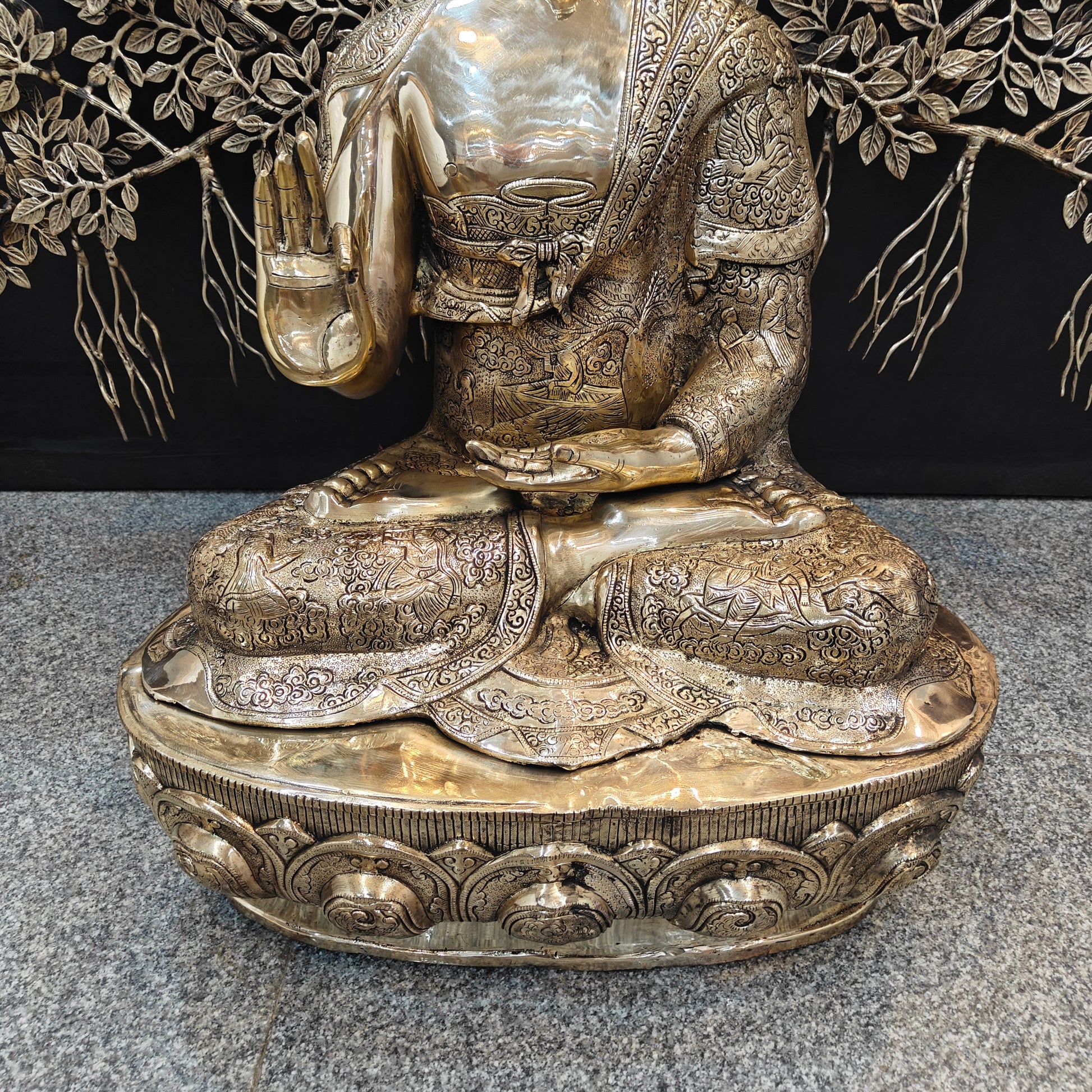 Brass Large Buddha Idol With Bodhi Tree For Home Decor 41 Inches - Image 7