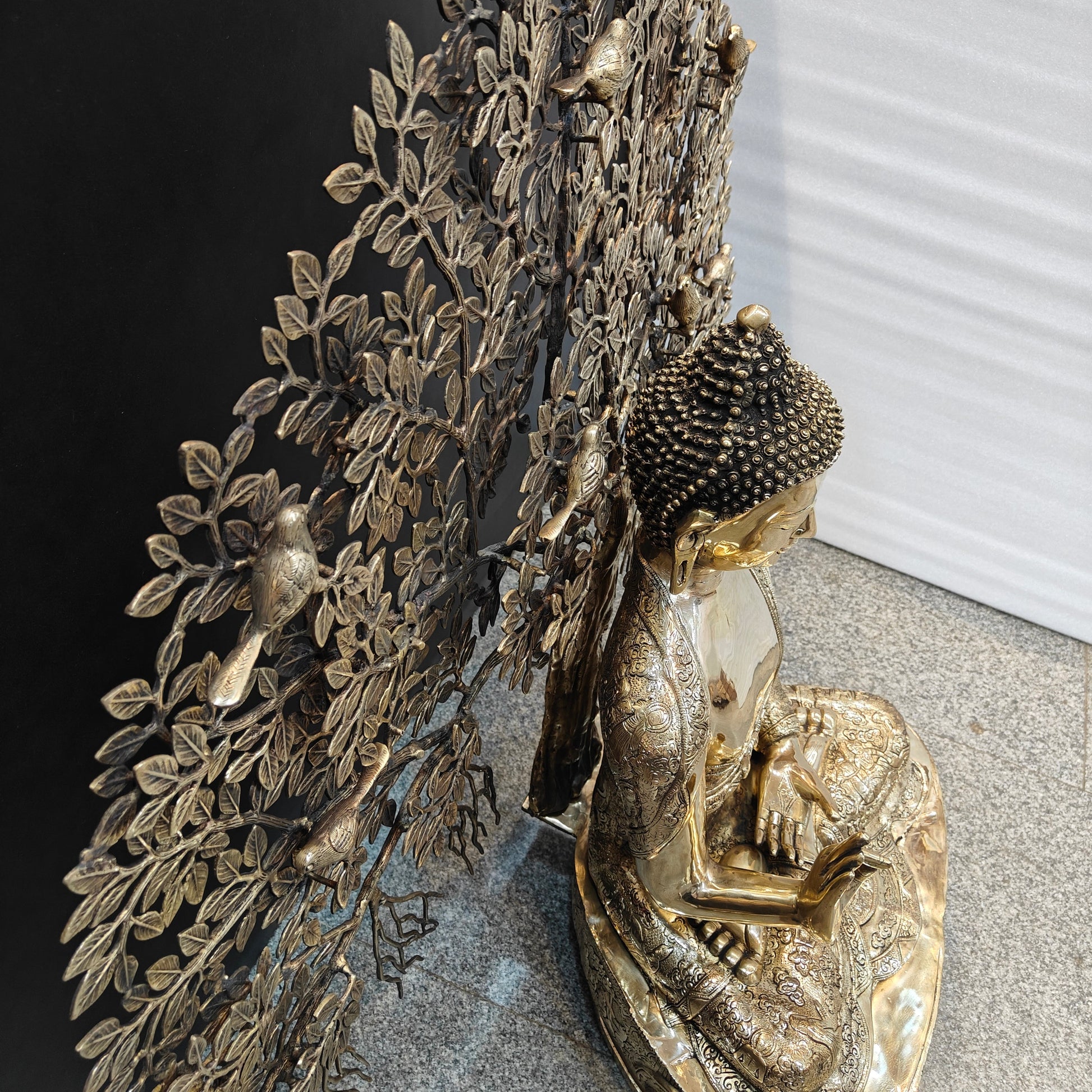 Brass Large Buddha Idol With Bodhi Tree For Home Decor 41 Inches - Image 8