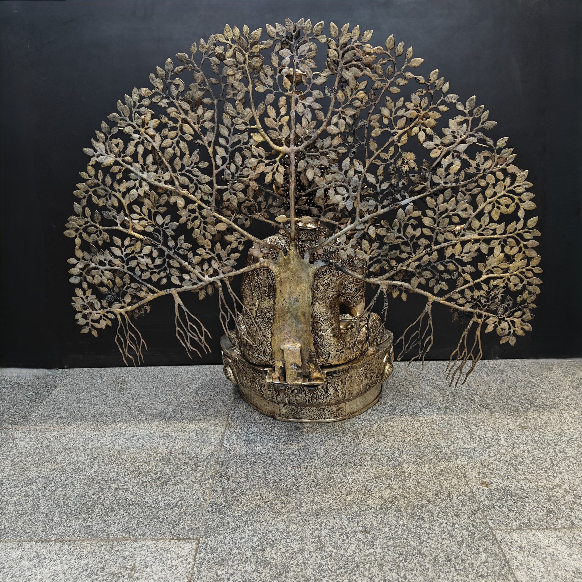 Brass Large Buddha Idol With Bodhi Tree For Home Decor 41 Inches - Image 9