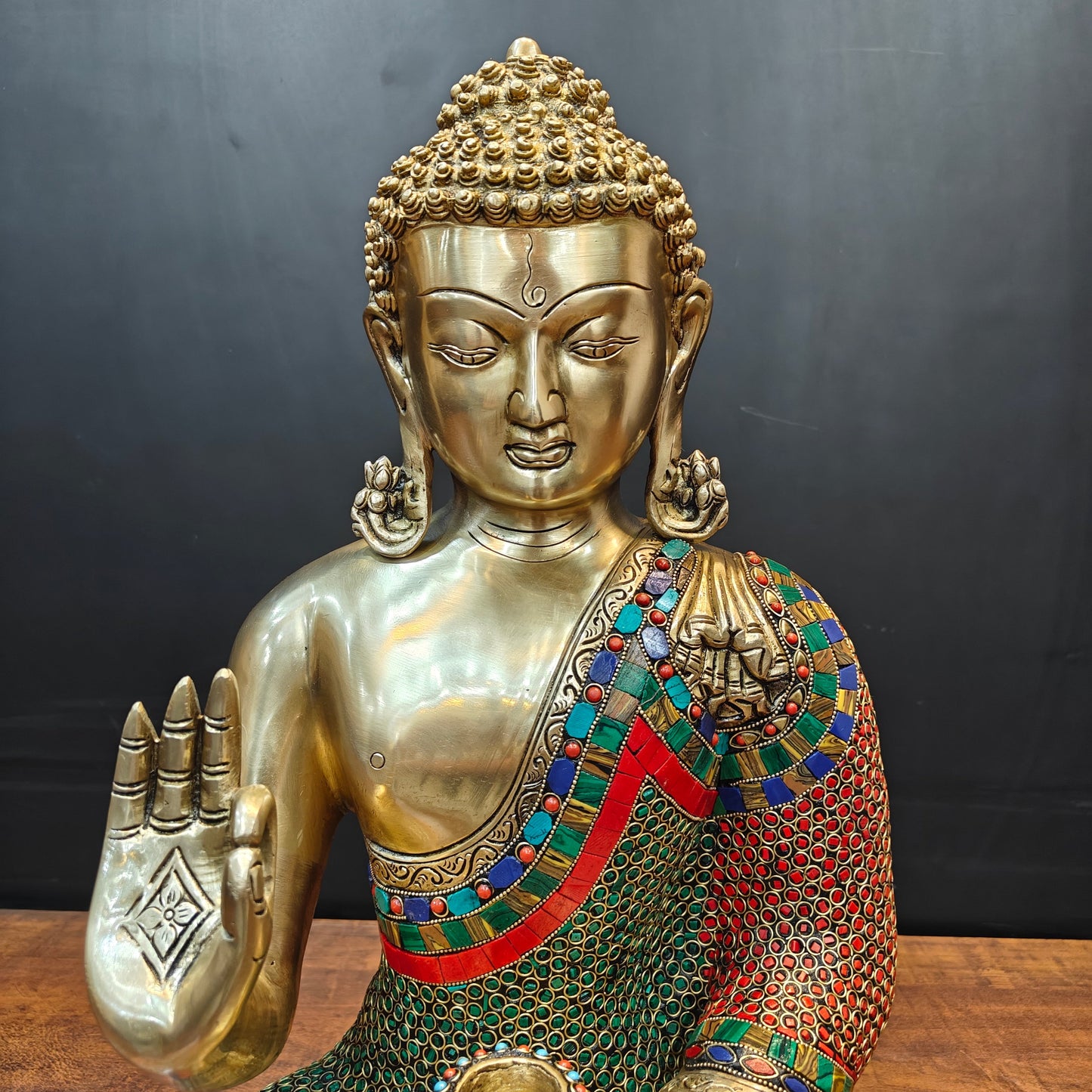 Brass Blessing Buddha Statue With Stone Work For Home Decor 20 Inches