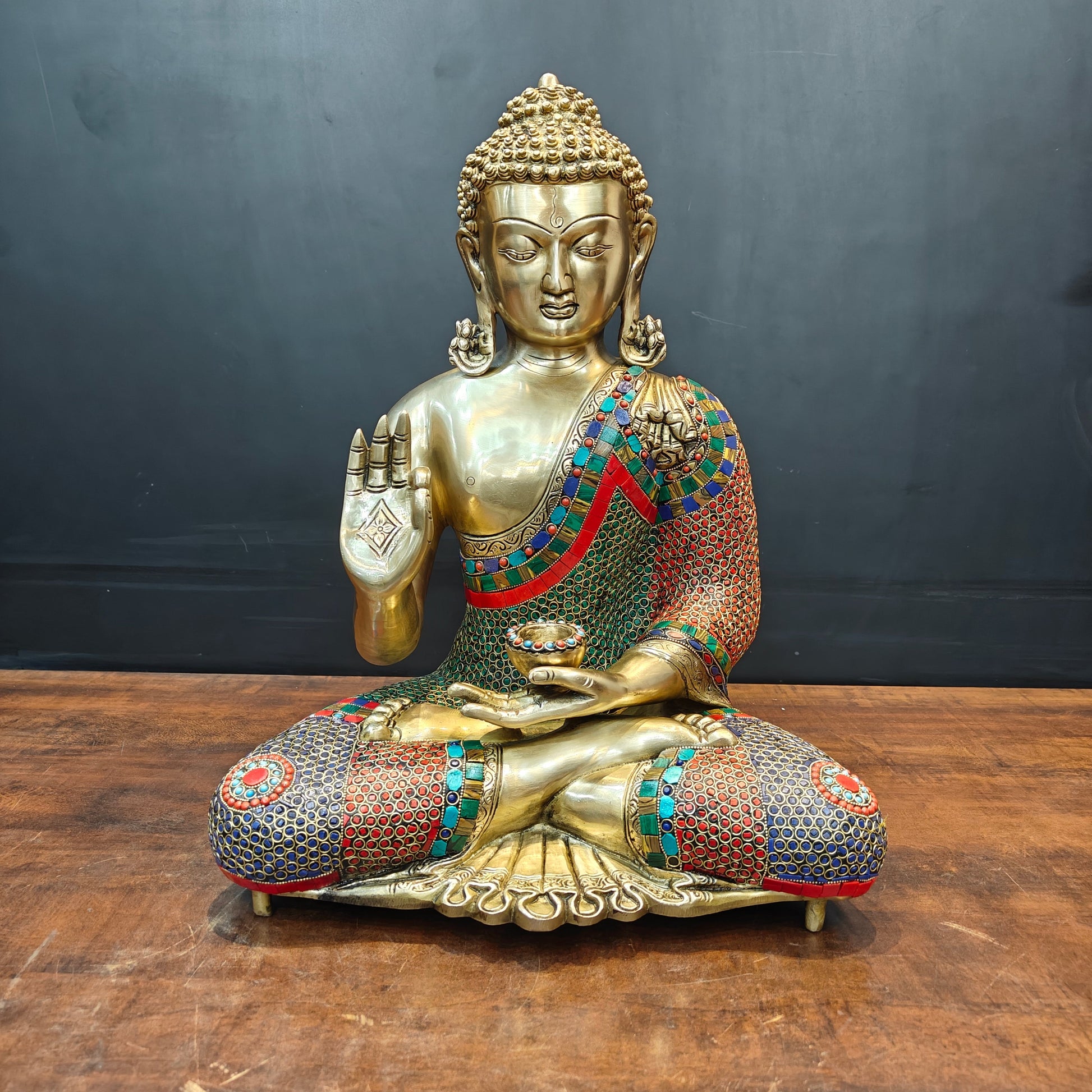 Brass Blessing Buddha Statue With Stone Work For Home Decor 20 Inches - Image 3