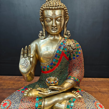 Brass Blessing Buddha Statue With Stone Work For Home Decor 20 Inches by vendor-unknown - Buddha (View 4)