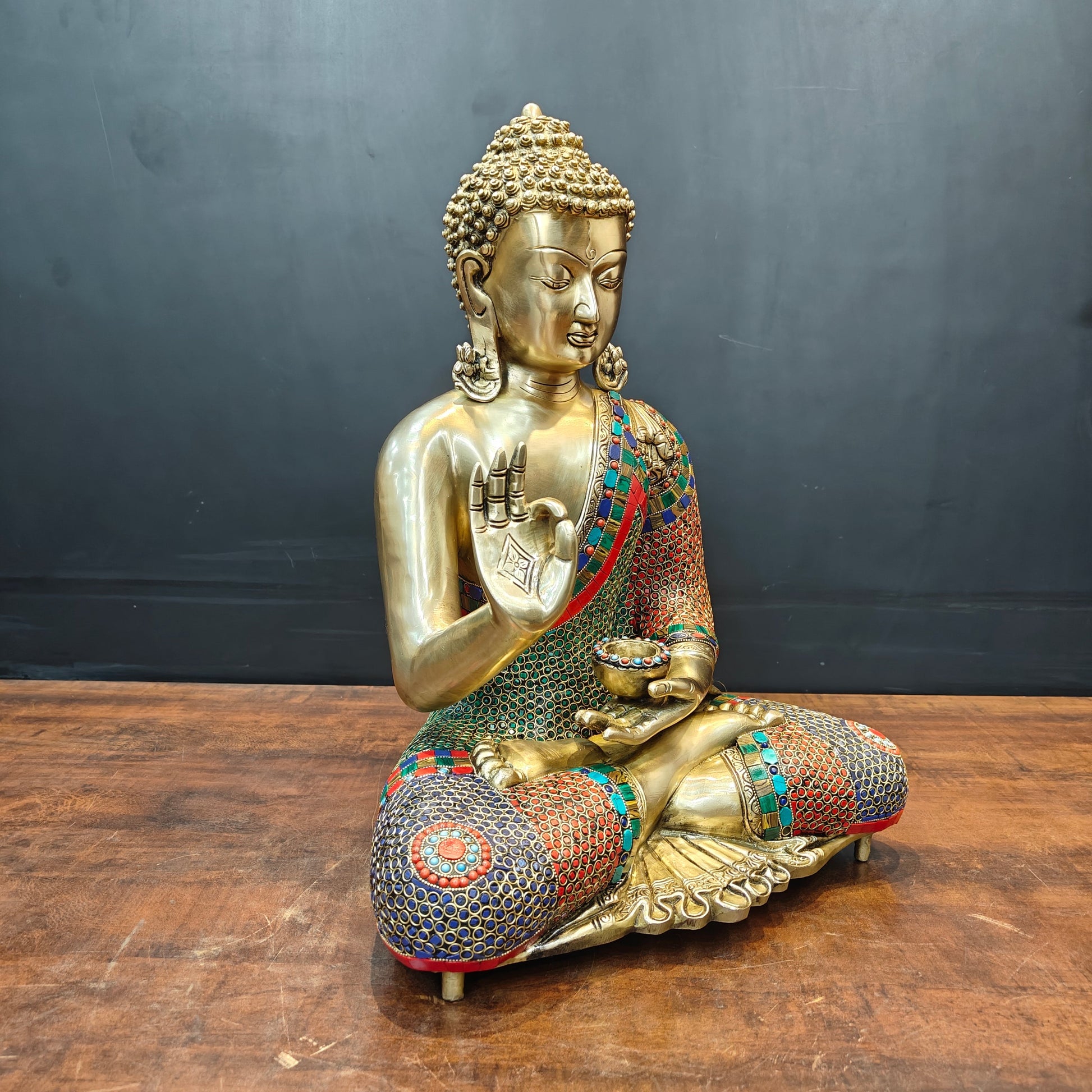 Brass Blessing Buddha Statue With Stone Work For Home Decor 20 Inches - Image 5