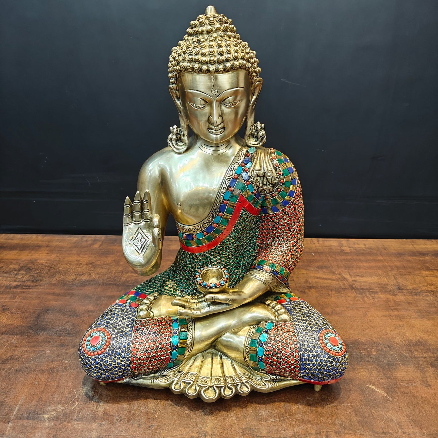 Brass Blessing Buddha Statue With Stone Work For Home Decor 20 Inches