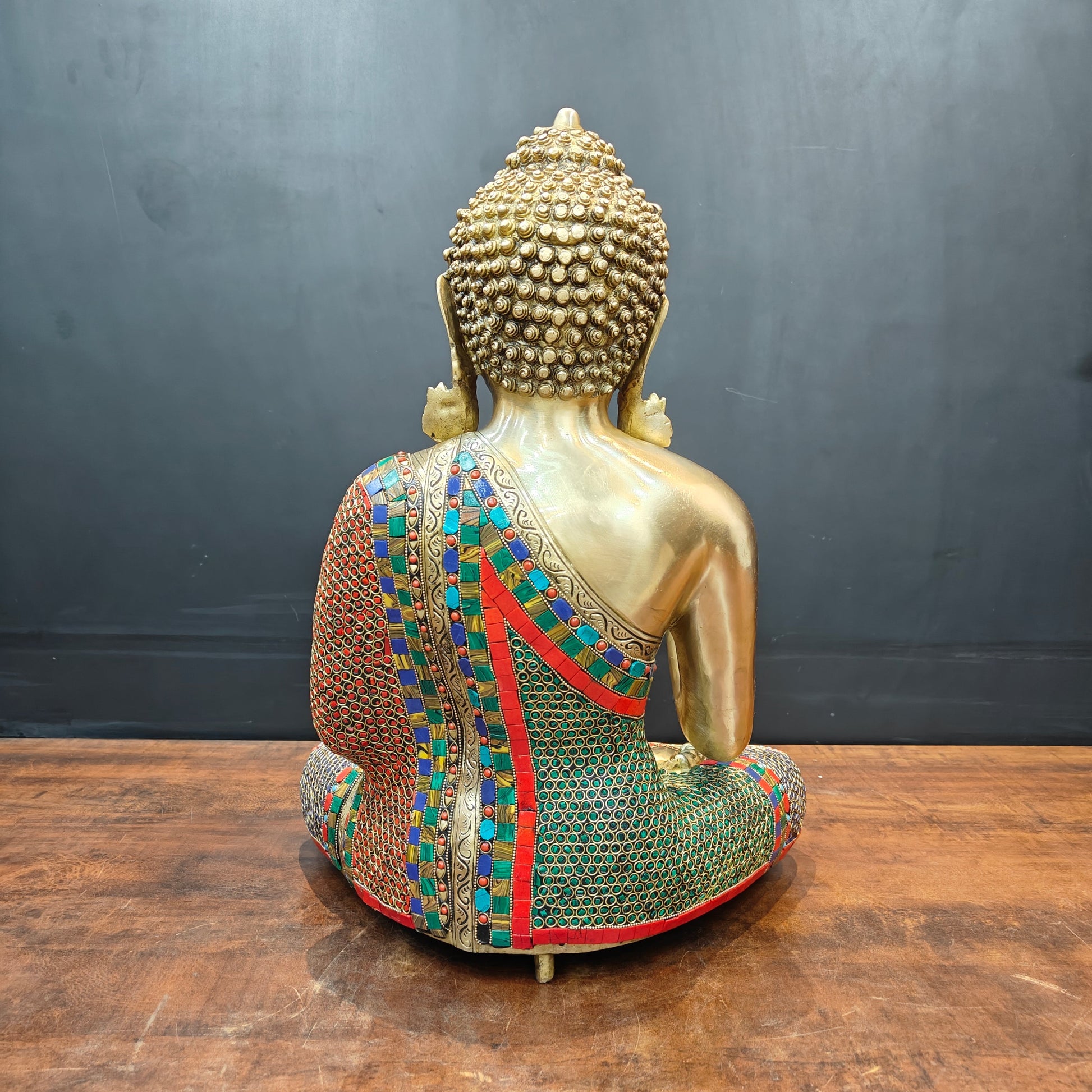 Brass Blessing Buddha Statue With Stone Work For Home Decor 20 Inches - Image 7