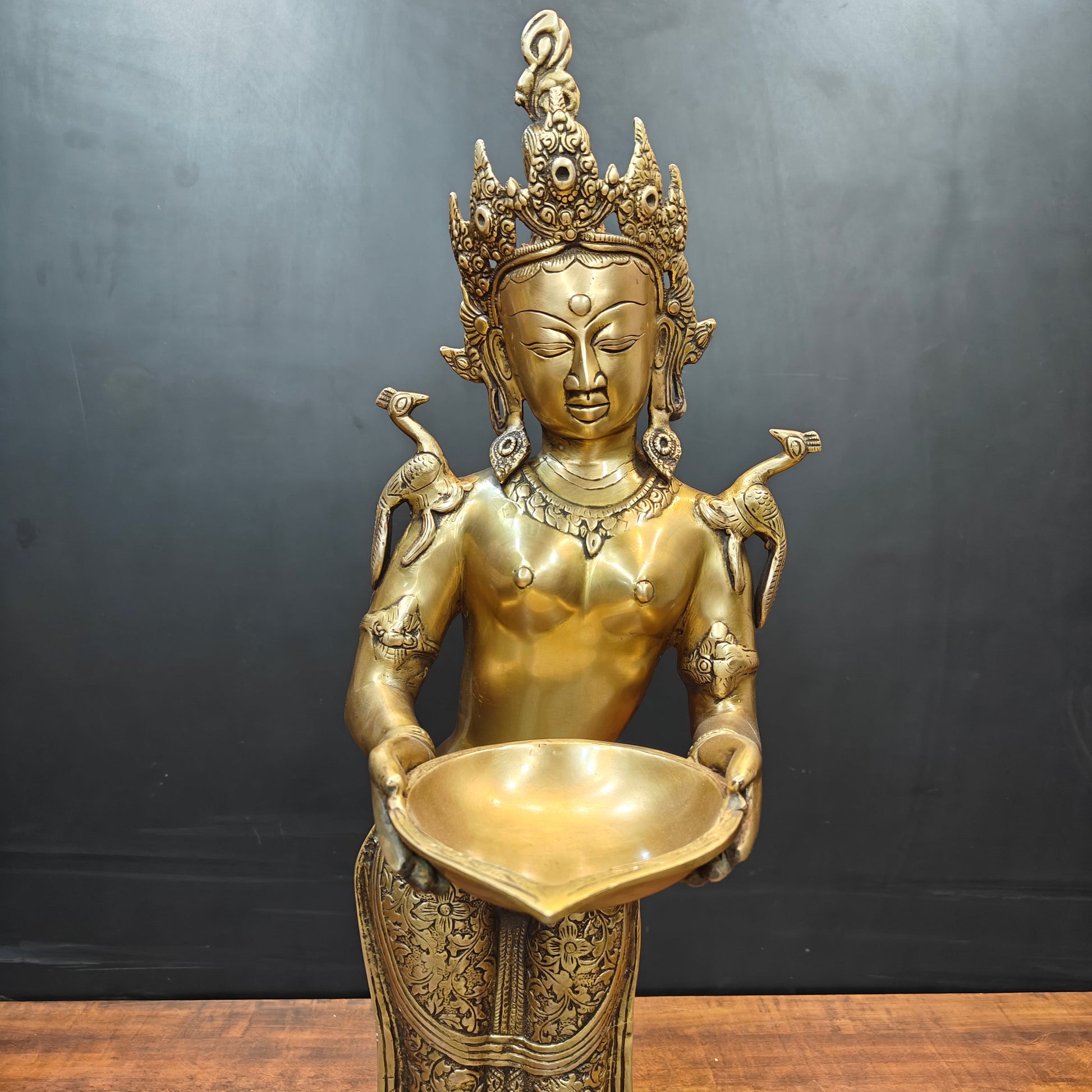 Brass Standing Tibetan Buddhist Goddess Tara With Lamp 2.5 Feet - Image 2