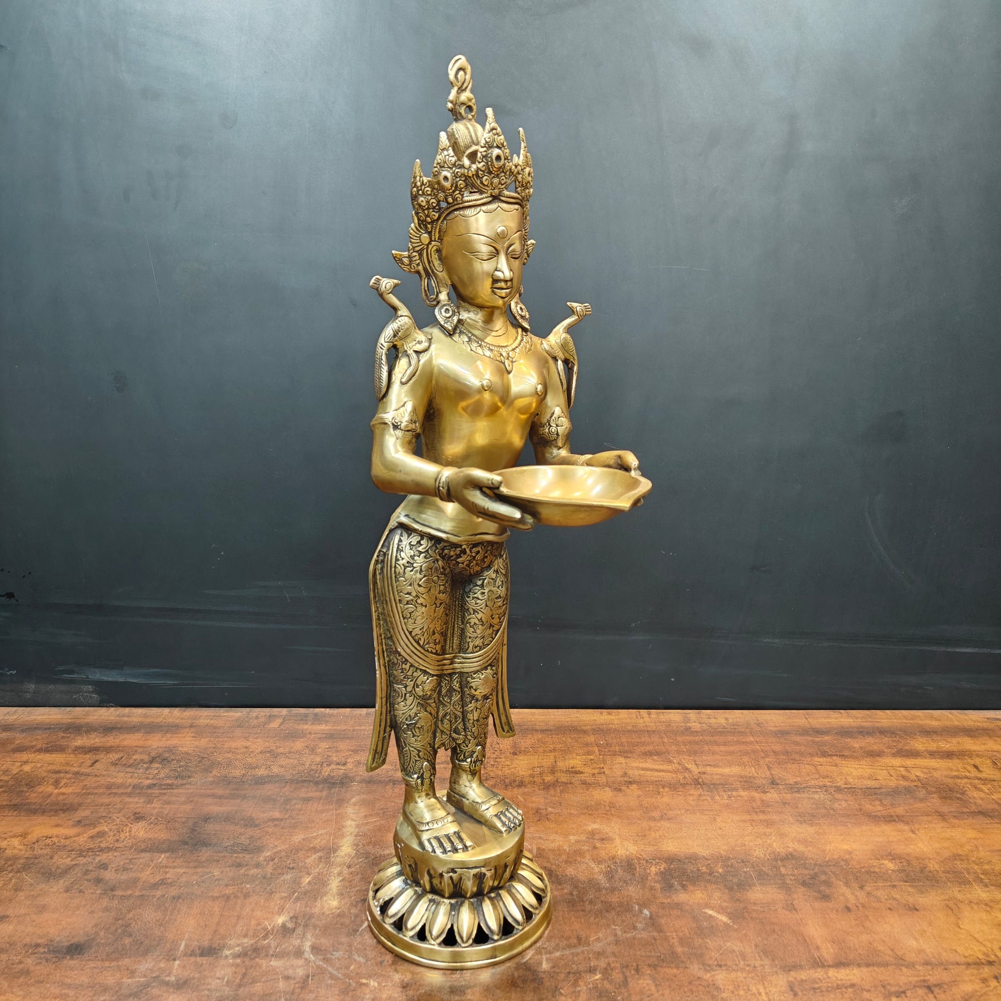 Brass Standing Tibetan Buddhist Goddess Tara With Lamp 2.5 Feet - Image 3
