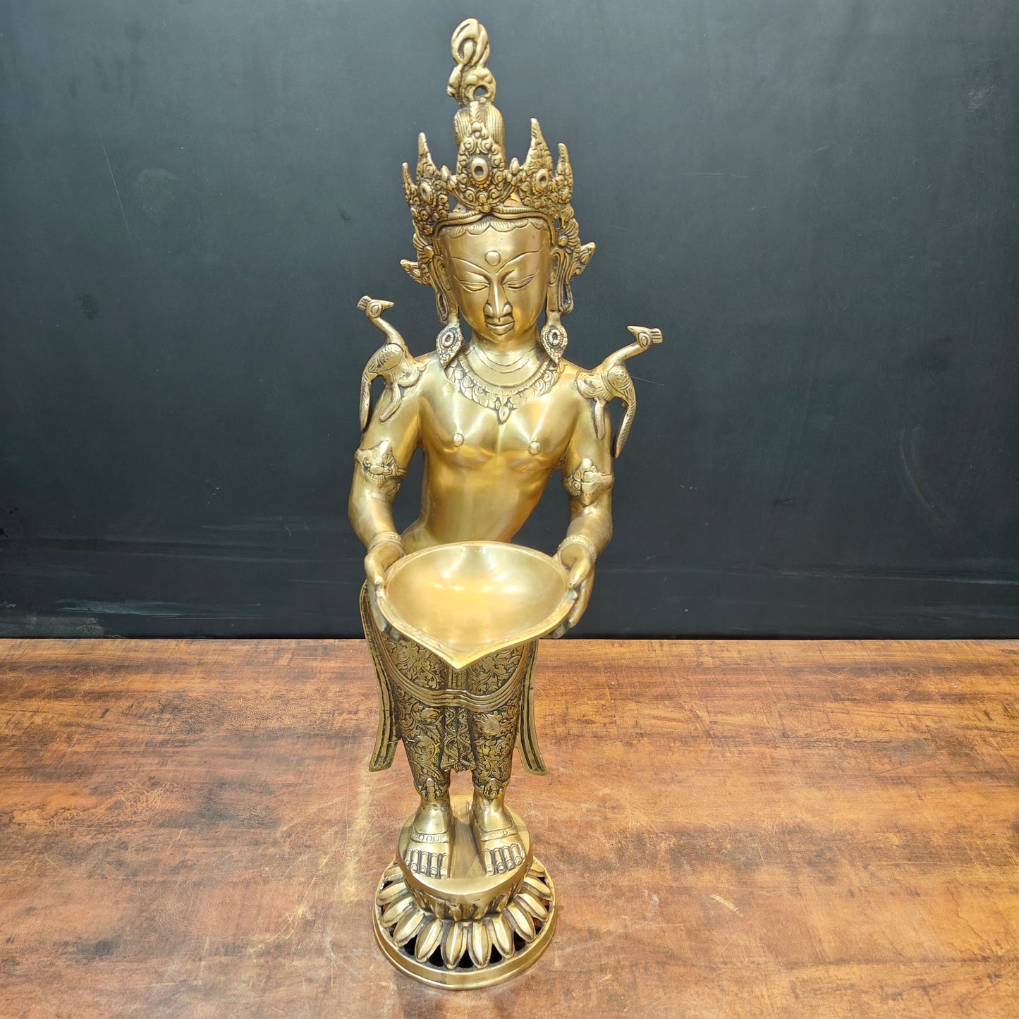 Brass Standing Tibetan Buddhist Goddess Tara With Lamp 2.5 Feet