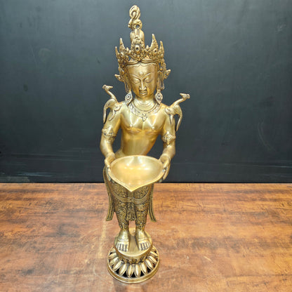 Brass Standing Tibetan Buddhist Goddess Tara With Lamp 2.5 Feet by vendor-unknown - Buddha (View 4)