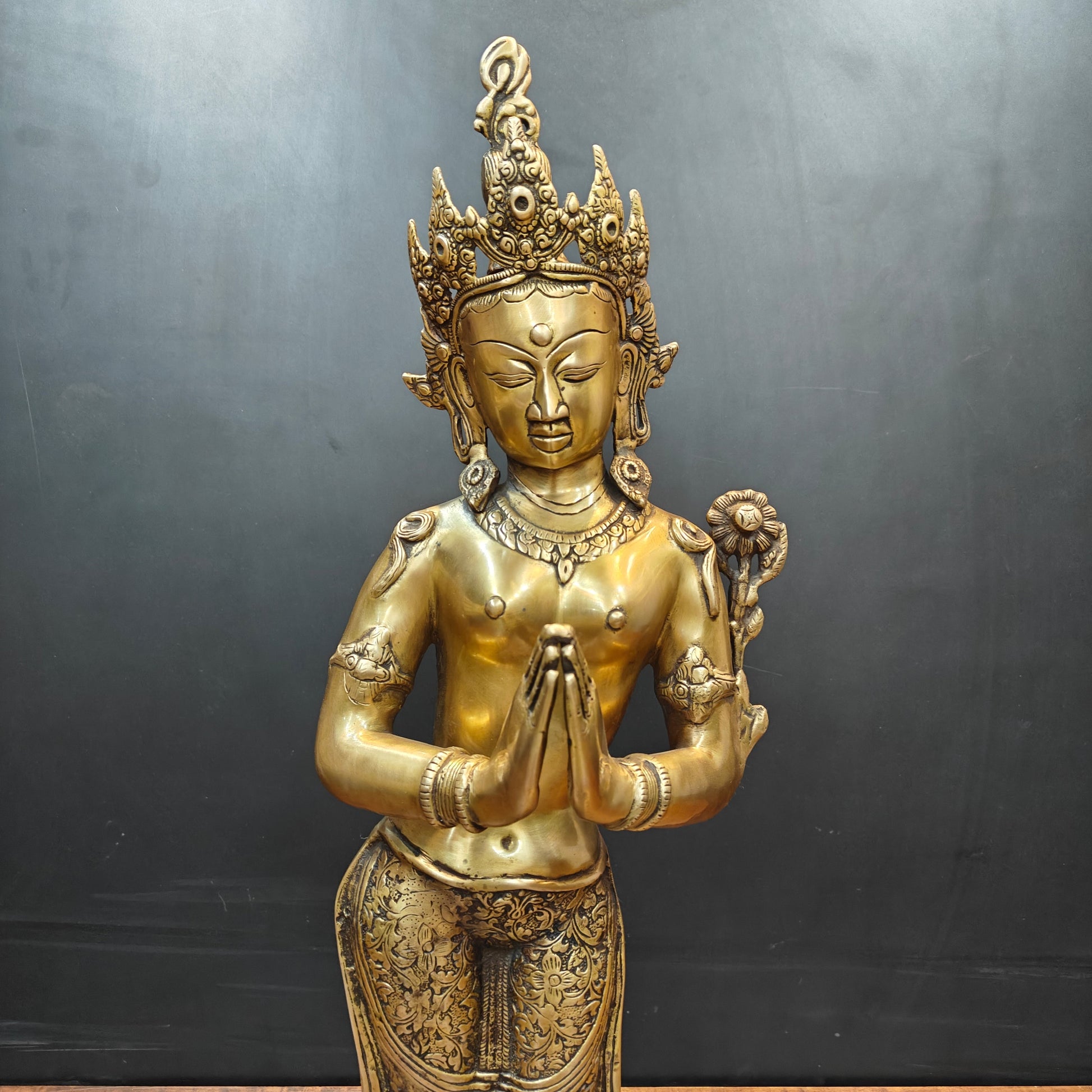 Brass Standing Tibetan Buddhist Goddess Tara in Namaskar Mudra 2.5 Feet - Image 2