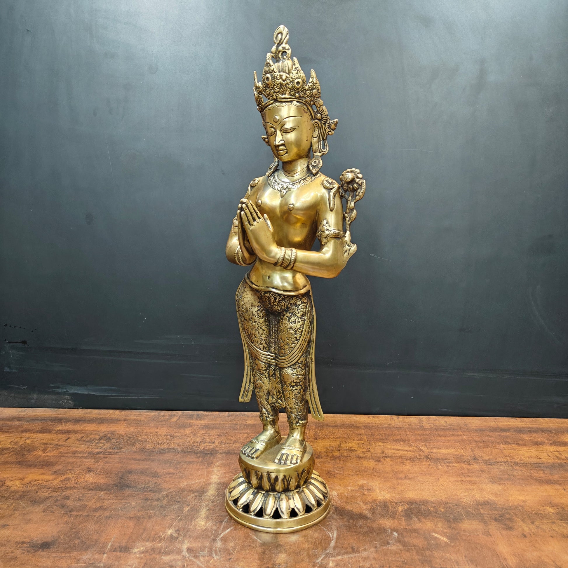 Brass Standing Tibetan Buddhist Goddess Tara in Namaskar Mudra 2.5 Feet - Image 3