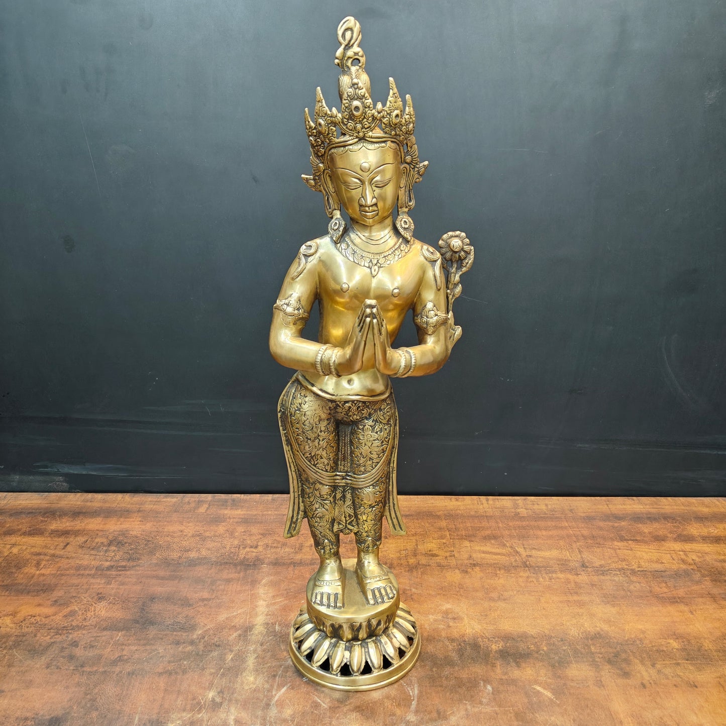 Brass Standing Tibetan Buddhist Goddess Tara in Namaskar Mudra 2.5 Feet