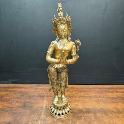 Brass Standing Tibetan Buddhist Goddess Tara in Namaskar Mudra 2.5 Feet by vendor-unknown - Buddha (View 4)