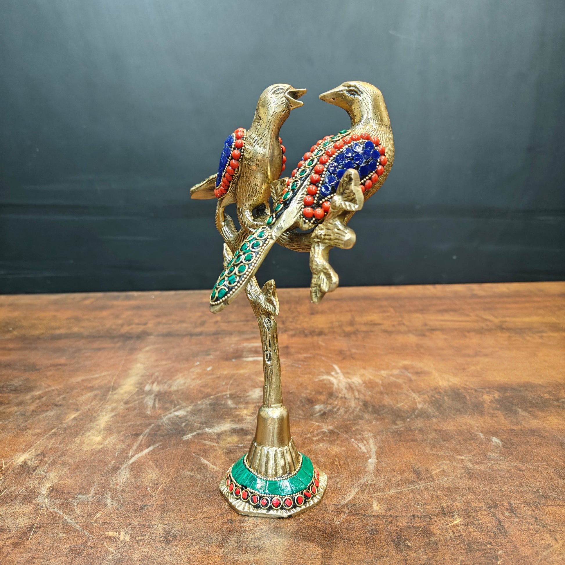 Brass Bird Pair Sitting On Tree Stone Work For Home Office Table Decor Showpiece 10 Inch - Image 2