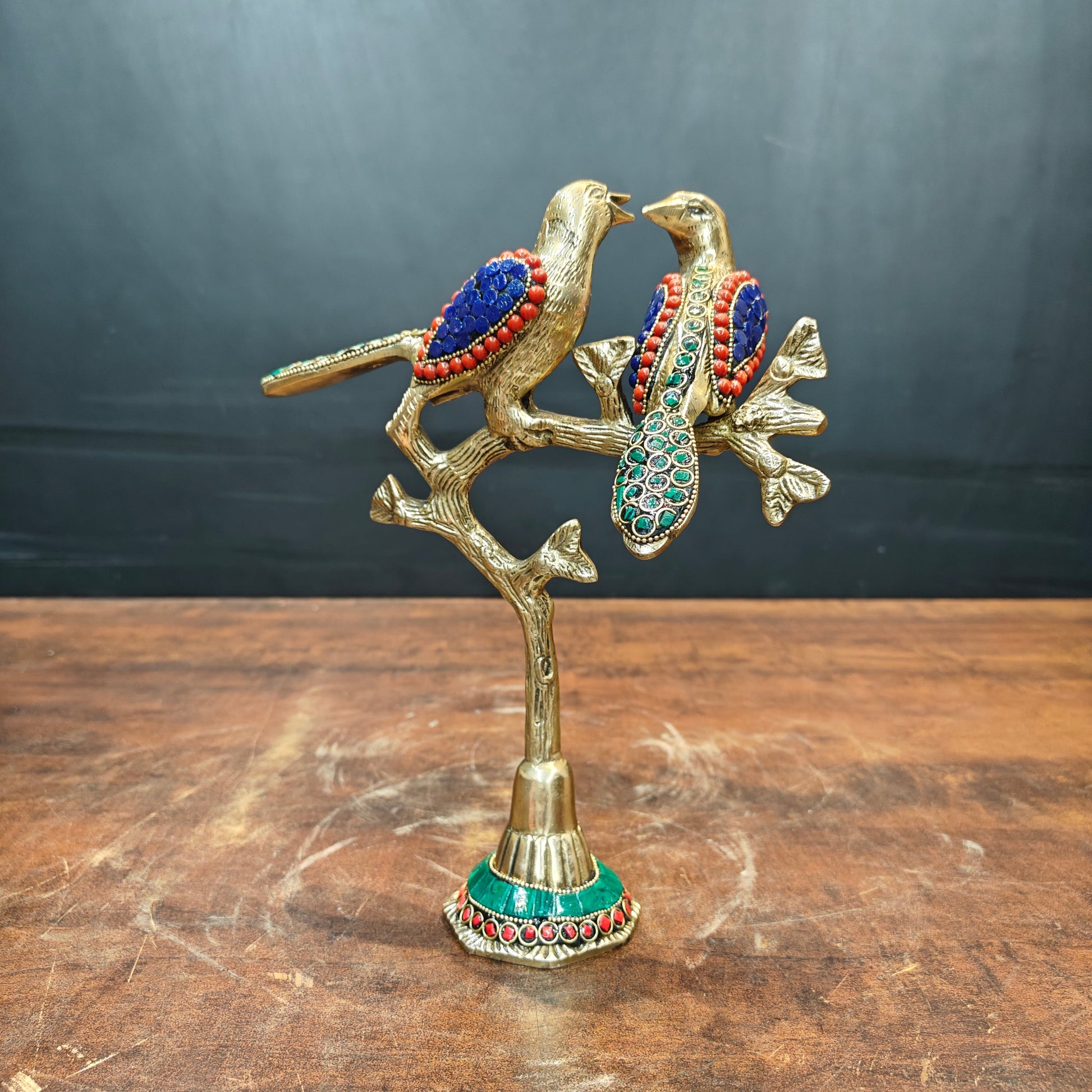 Brass Bird Pair Sitting On Tree Stone Work For Home Office Table Decor Showpiece 10 Inch - Image 3