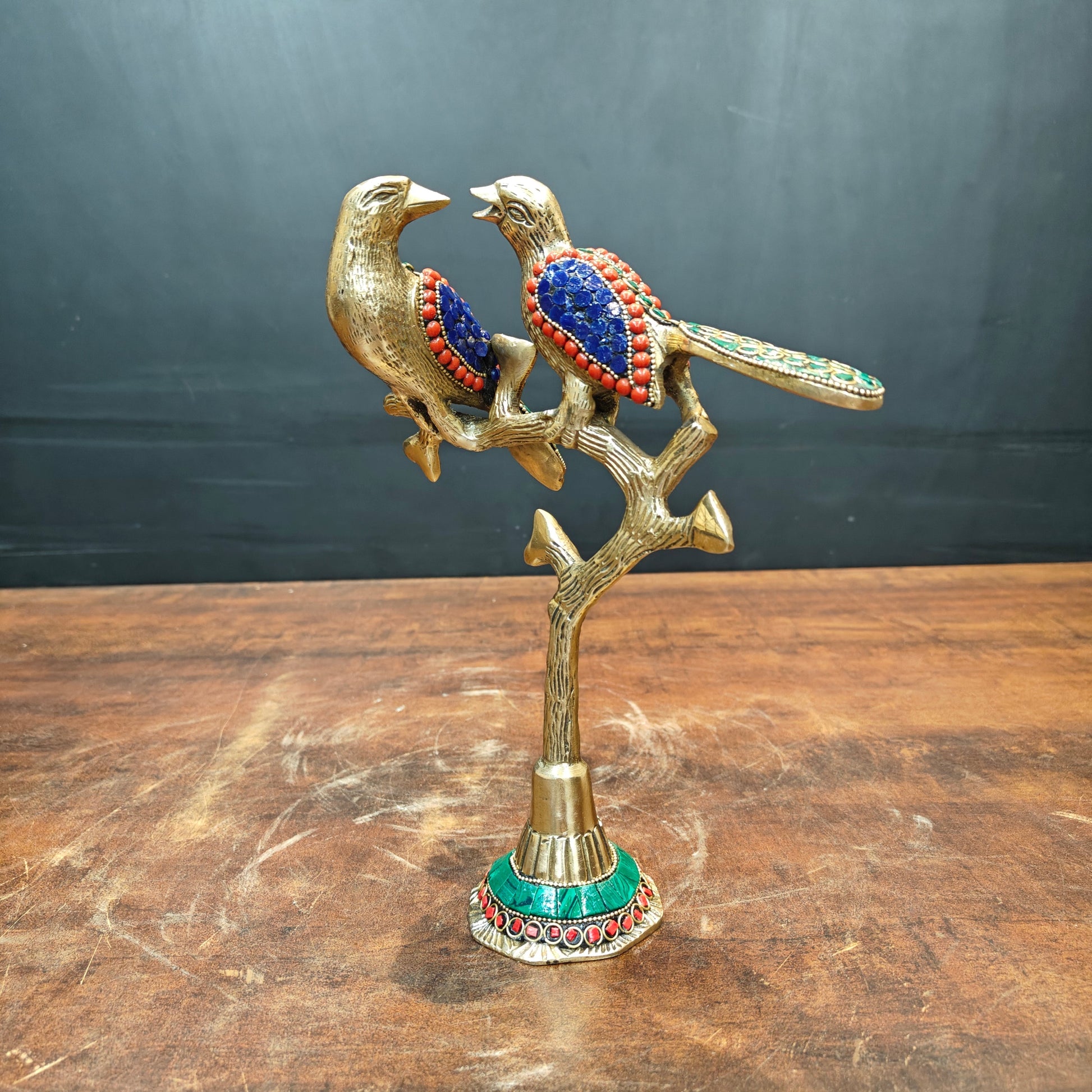 Brass Bird Pair Sitting On Tree Stone Work For Home Office Table Decor Showpiece 10 Inch - Image 4