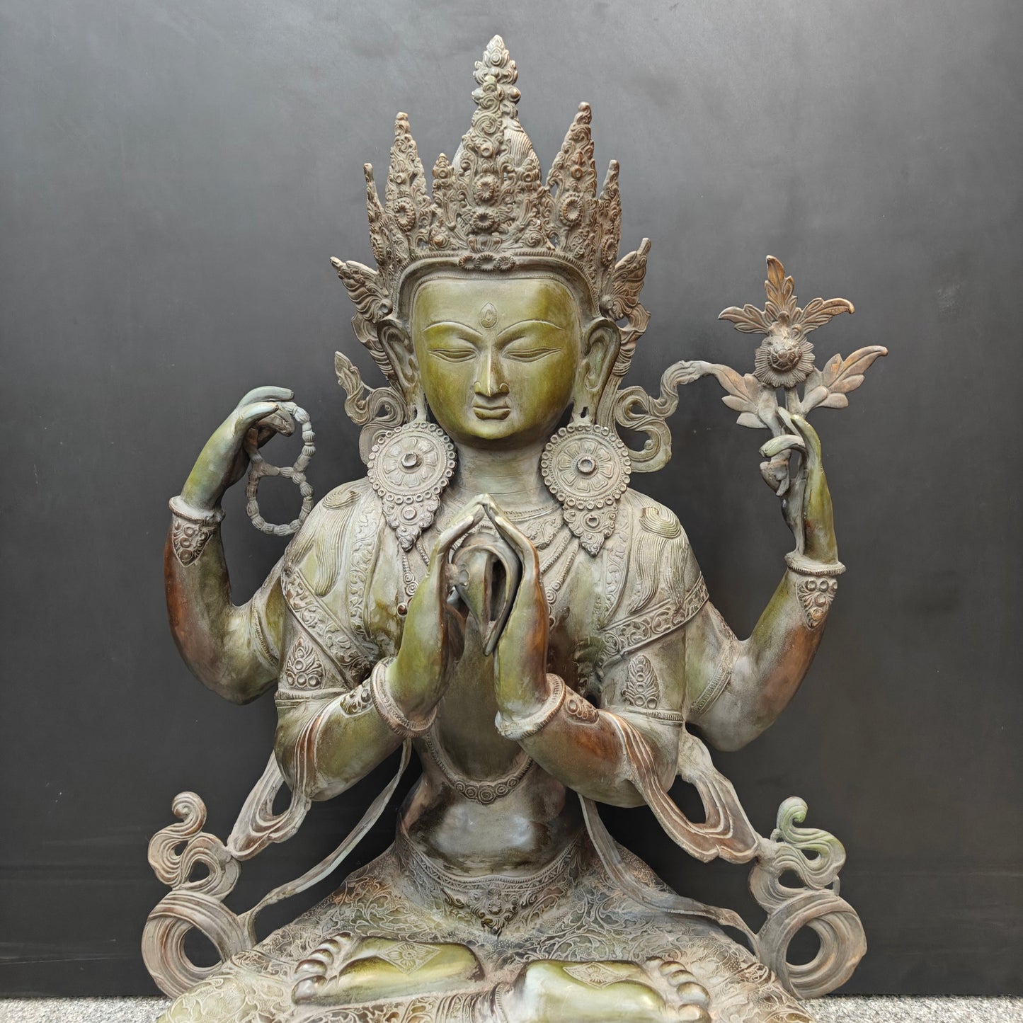 Brass Large Tibetan Buddhist Goddess Tara Four Arms Antique Finish 3 Feet