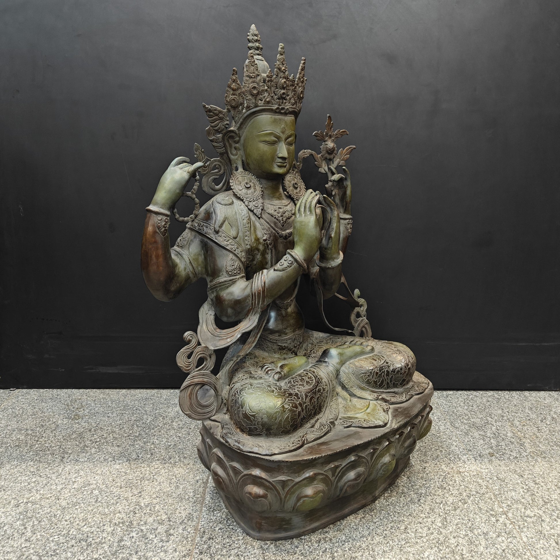 Brass Large Tibetan Buddhist Goddess Tara Four Arms Antique Finish 3 Feet - Image 3