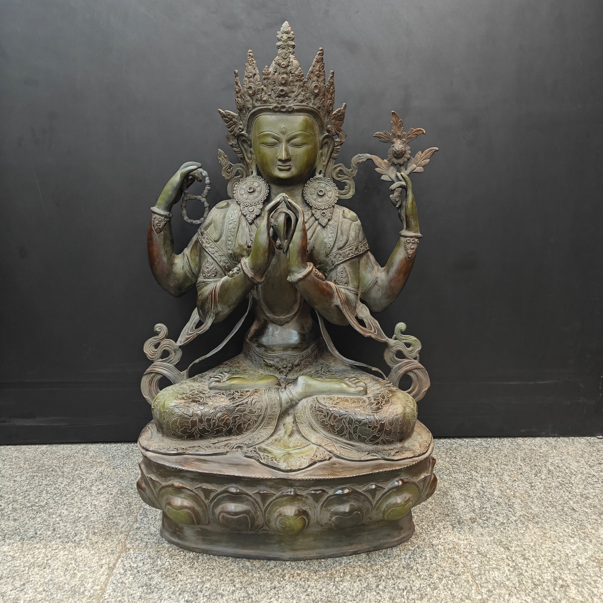 Brass Large Tibetan Buddhist Goddess Tara Four Arms Antique Finish 3 Feet - Image 4