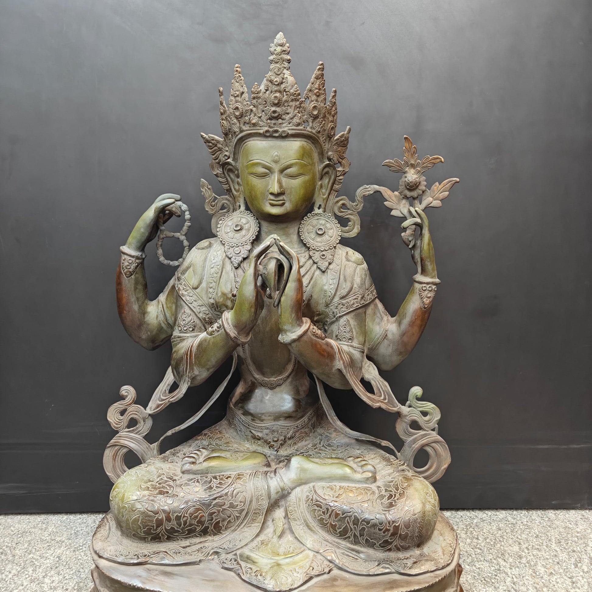 Brass Large Tibetan Buddhist Goddess Tara Four Arms Antique Finish 3 Feet - Image 5