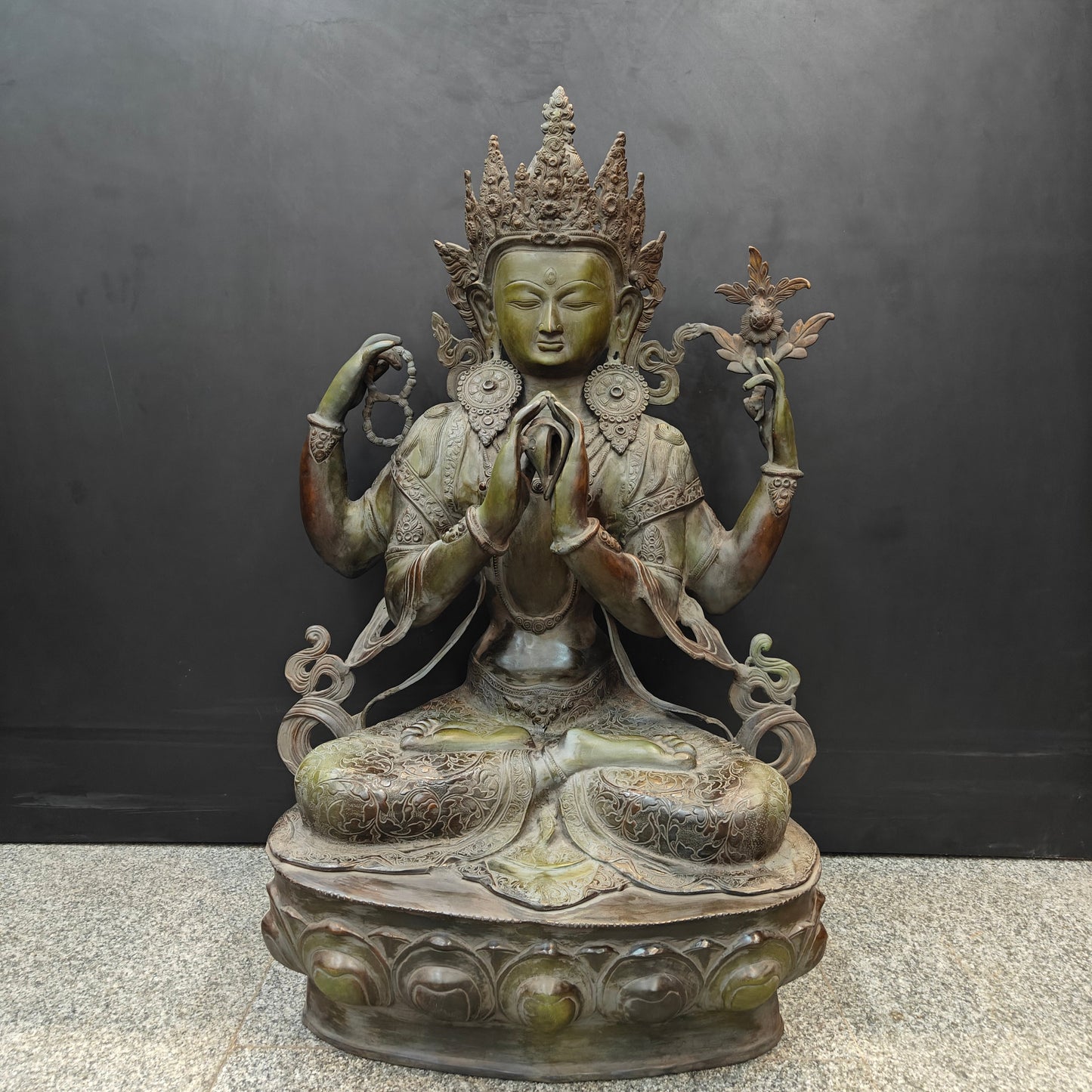 Brass Large Tibetan Buddhist Goddess Tara Four Arms Antique Finish 3 Feet