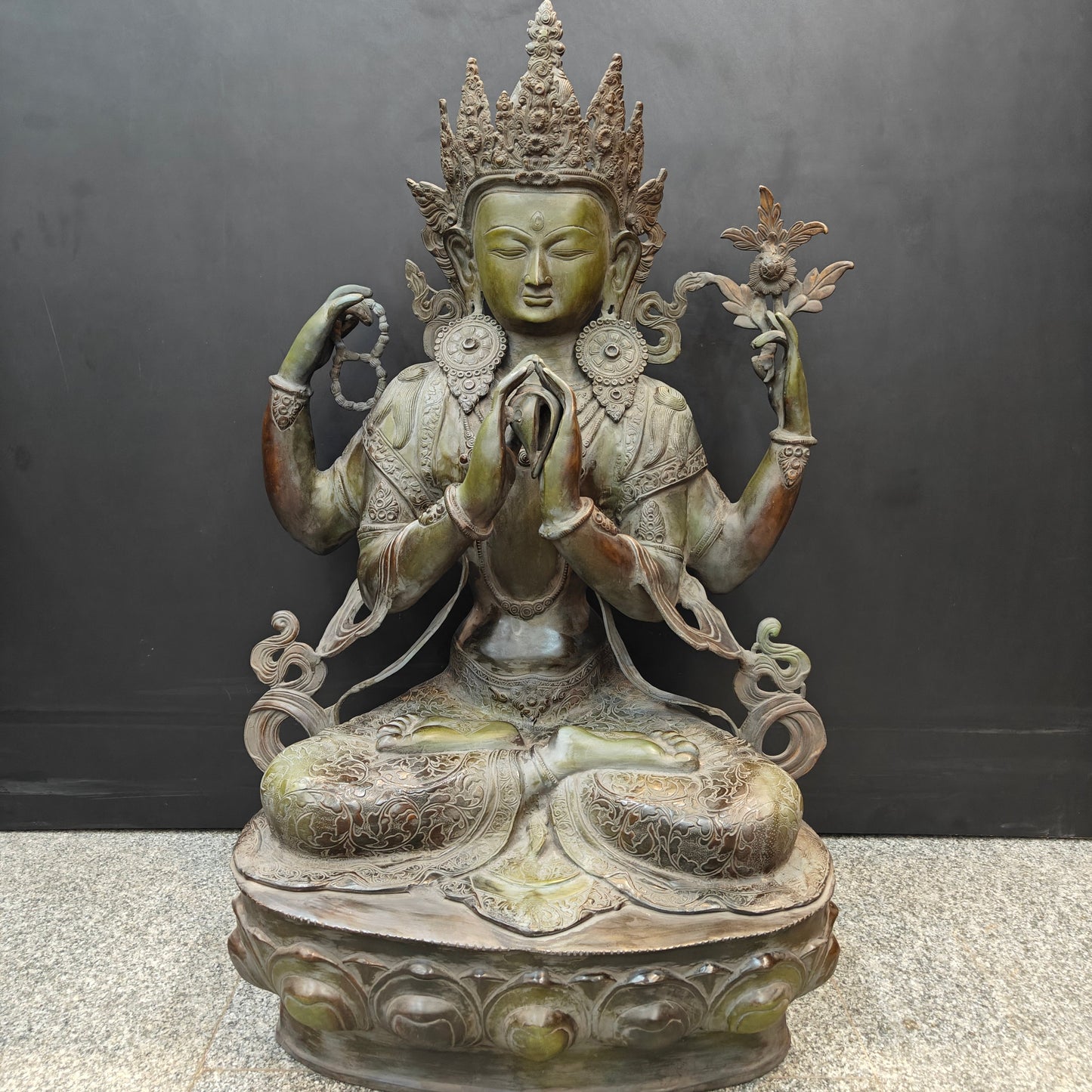 Brass Large Tibetan Buddhist Goddess Tara Four Arms Antique Finish 3 Feet