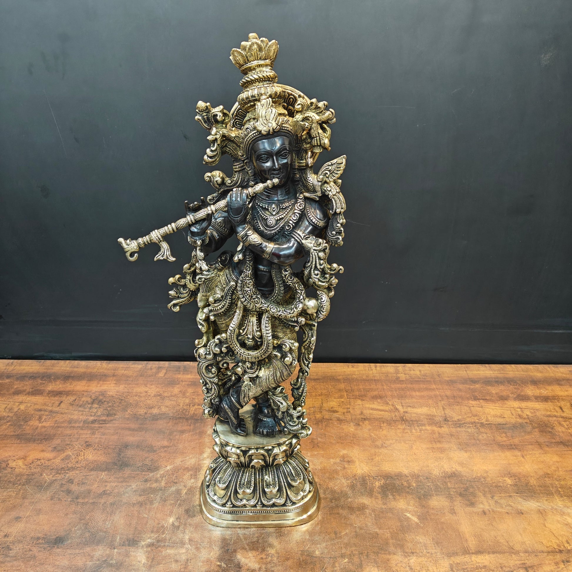 Brass Krishna Idol Religious Black Patina Finish For Home Decor 29 Inch - Image 3