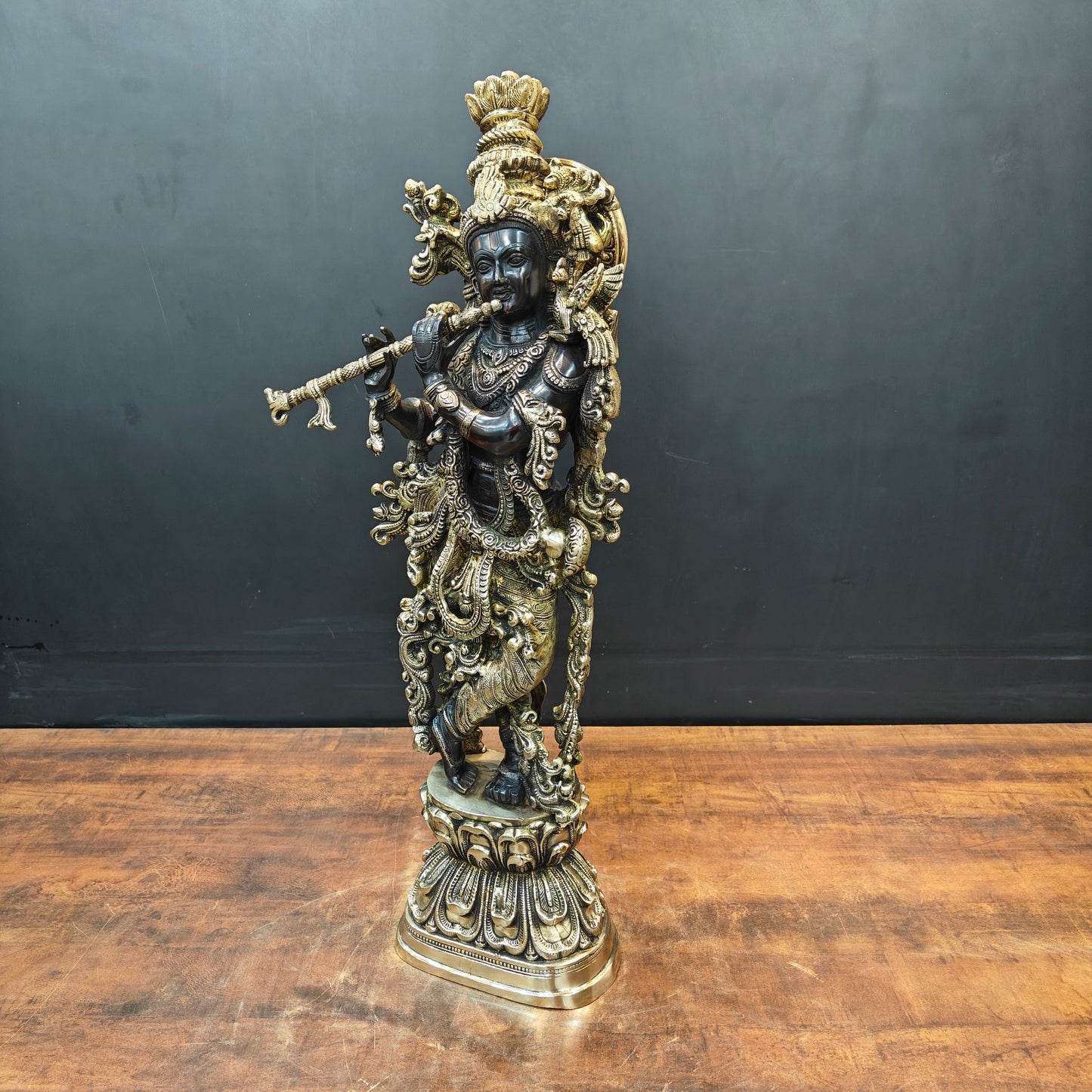Brass Krishna Idol Religious Black Patina Finish For Home Decor 29 Inch