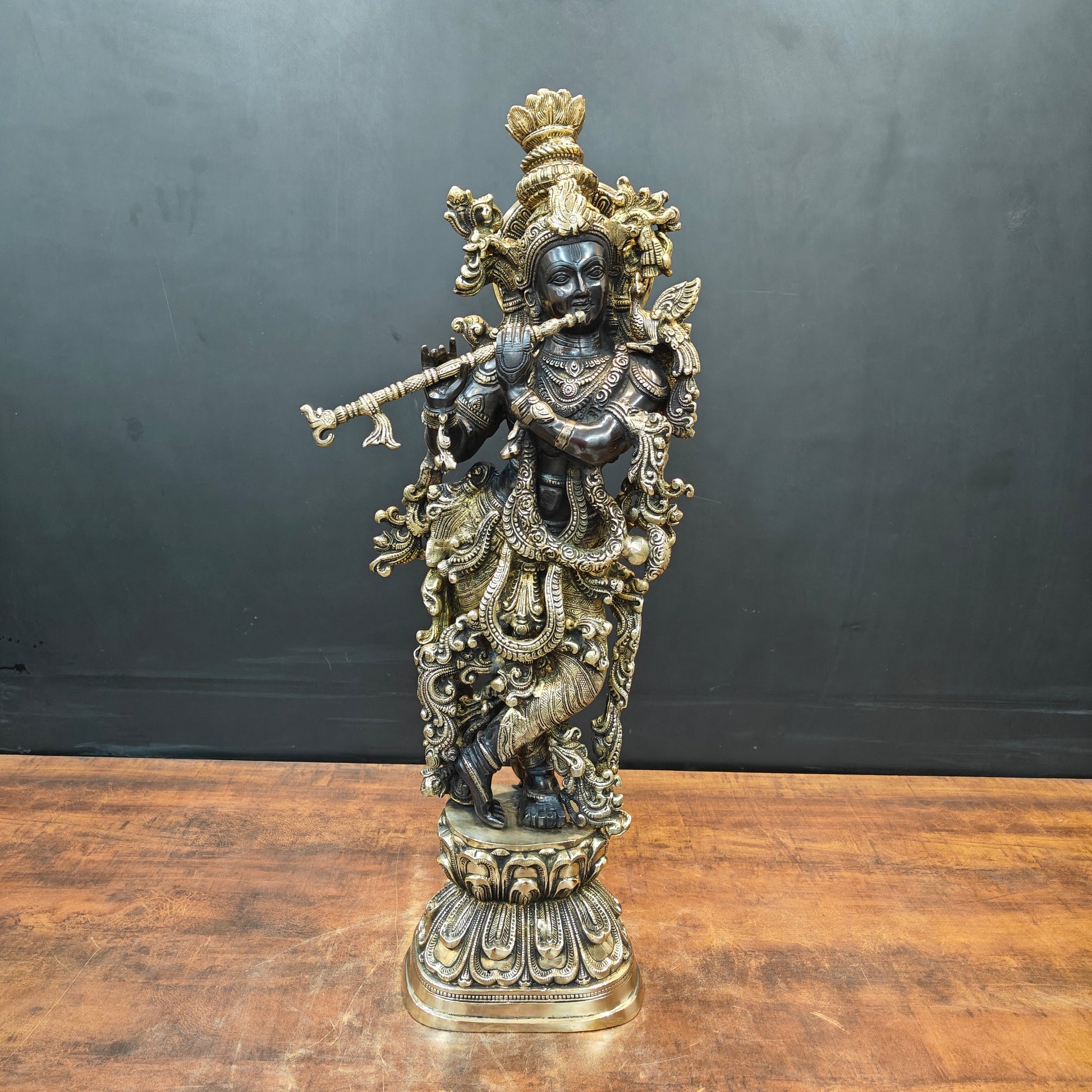Brass Krishna Idol Religious Black Patina Finish For Home Decor 29 Inch - Image 5