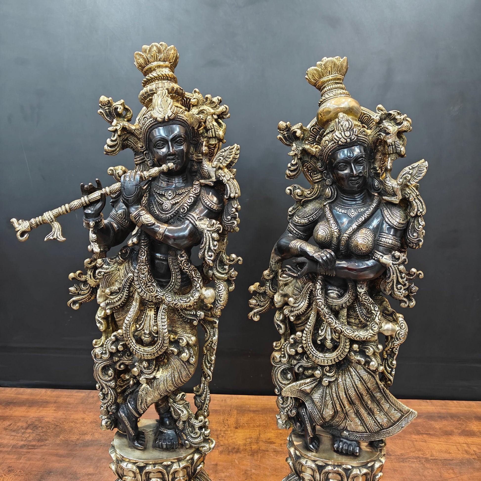 Brass Radha Krishna Idol Religious Black Patina Finish For Home Decor 29 Inch - Image 2