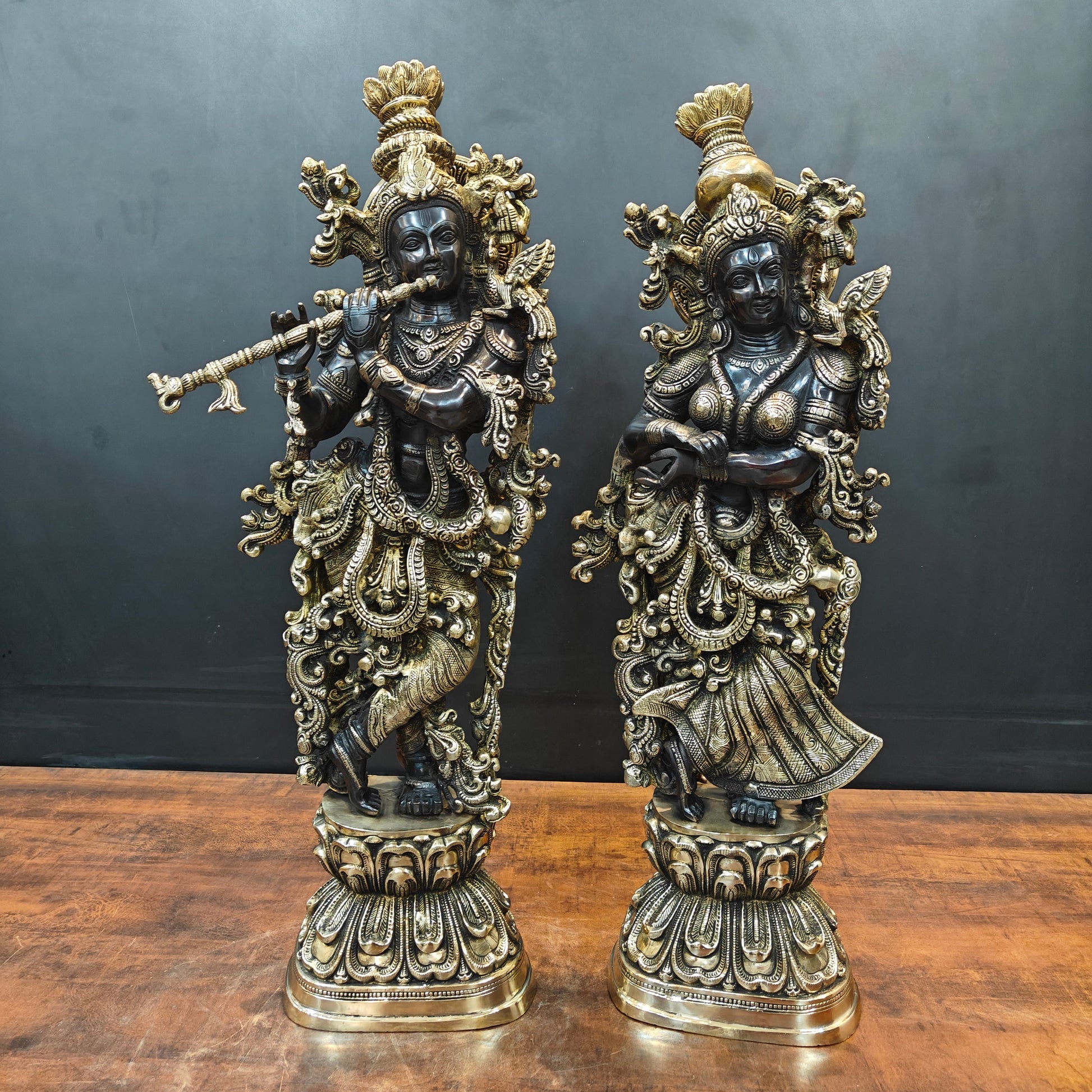 Brass Radha Krishna Idol Religious Black Patina Finish For Home Decor 29 Inch - Image 3
