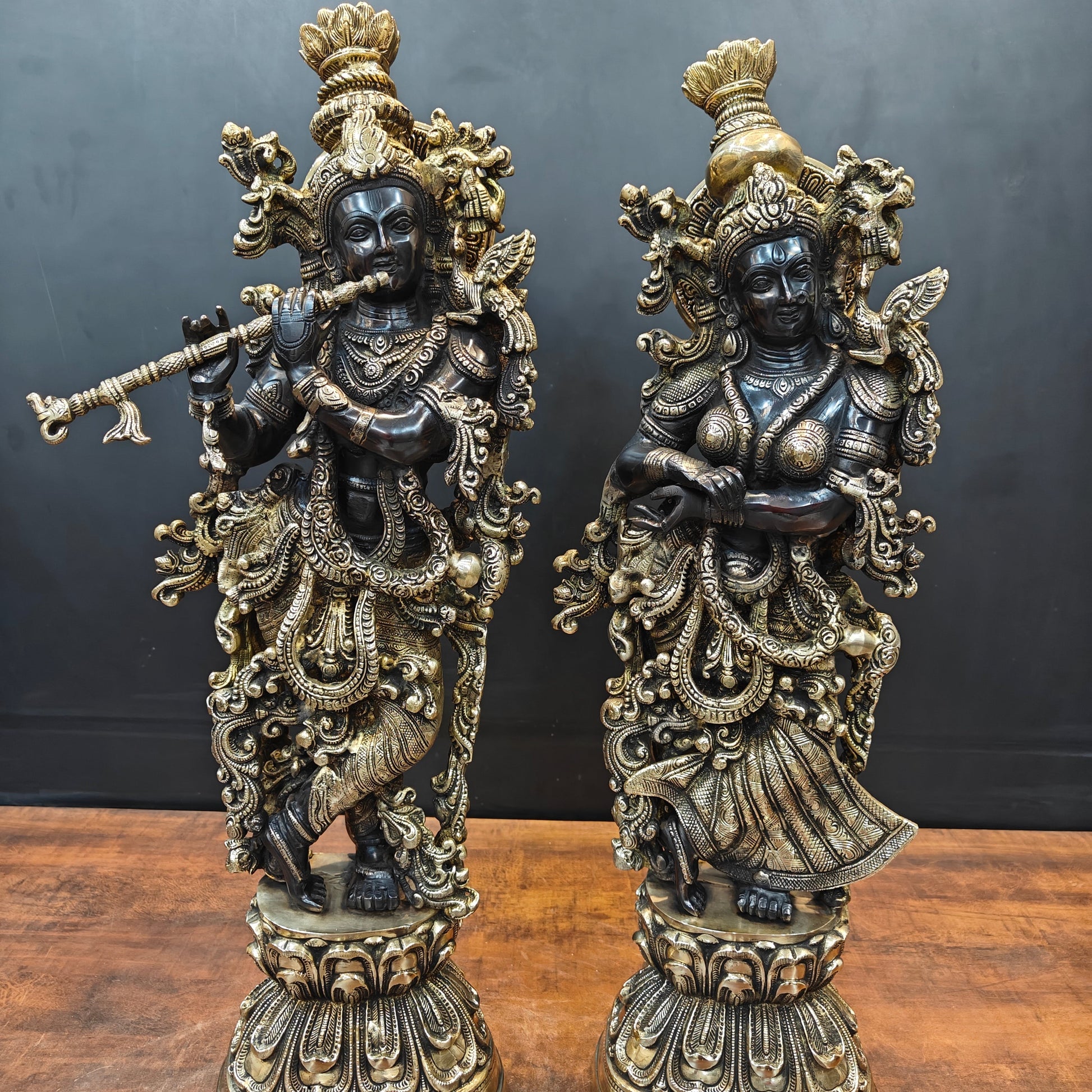 Brass Radha Krishna Idol Religious Black Patina Finish For Home Decor 29 Inch - Image 4